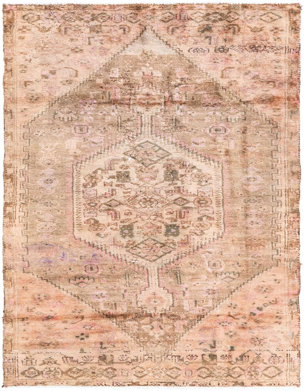 A 4x6 rectangular Ultra Vintage wool rug featuring a distressed Persian medallion pattern in shades of brown, tan, and faded pink.