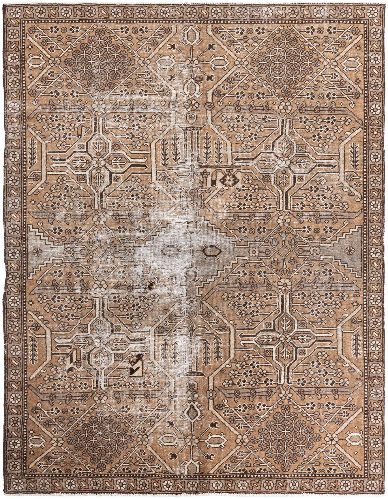 A 7x10 rectangular Ultra Vintage wool rug in browns and tans with a distressed Persian pattern.