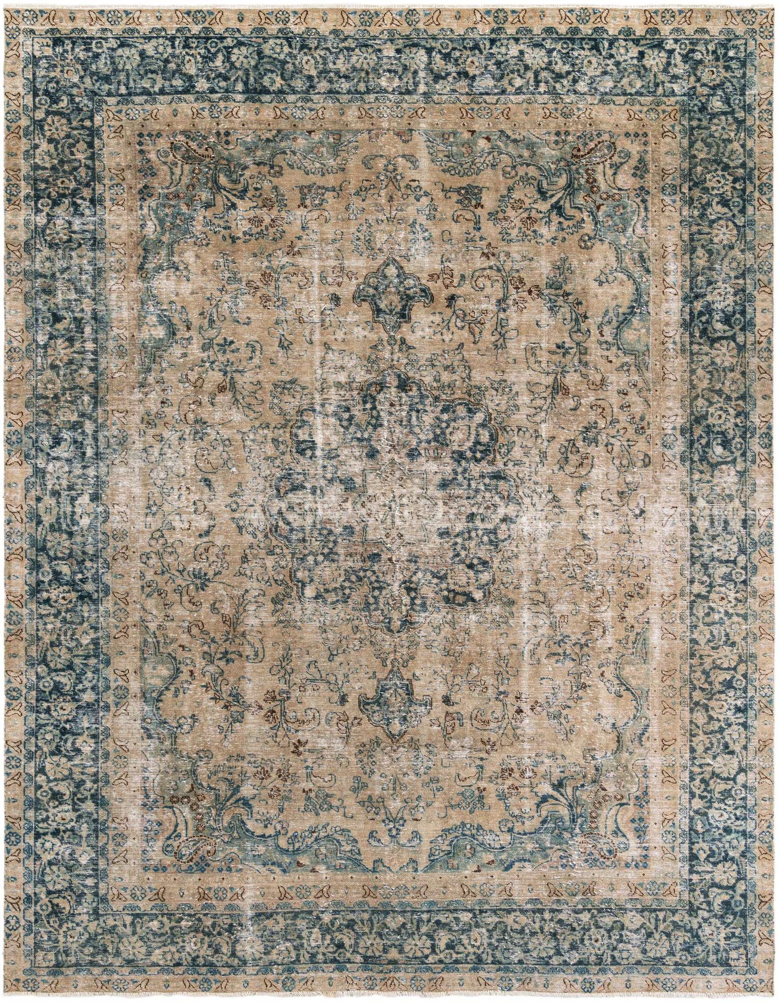A 9x12 rectangular Ultra Vintage rug with a distressed Persian medallion pattern in shades of brown, tan, and faded teal.