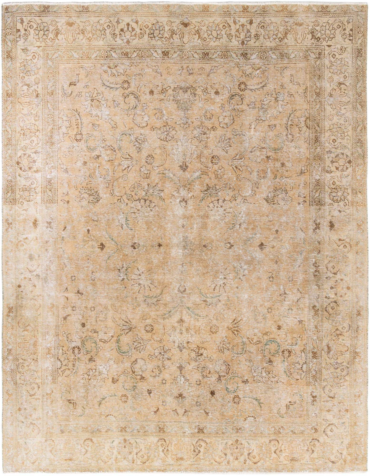 A 10x13 rectangular indoor rug featuring a distressed vintage Persian medallion pattern in shades of brown and tan.