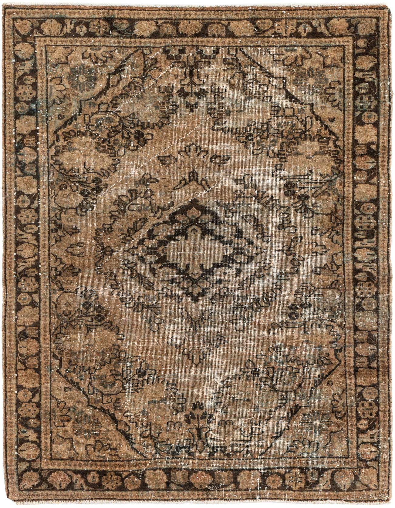 A 4x6 rectangular brown Persian rug with a faded medallion pattern and dark border, showcasing a vintage aesthetic.