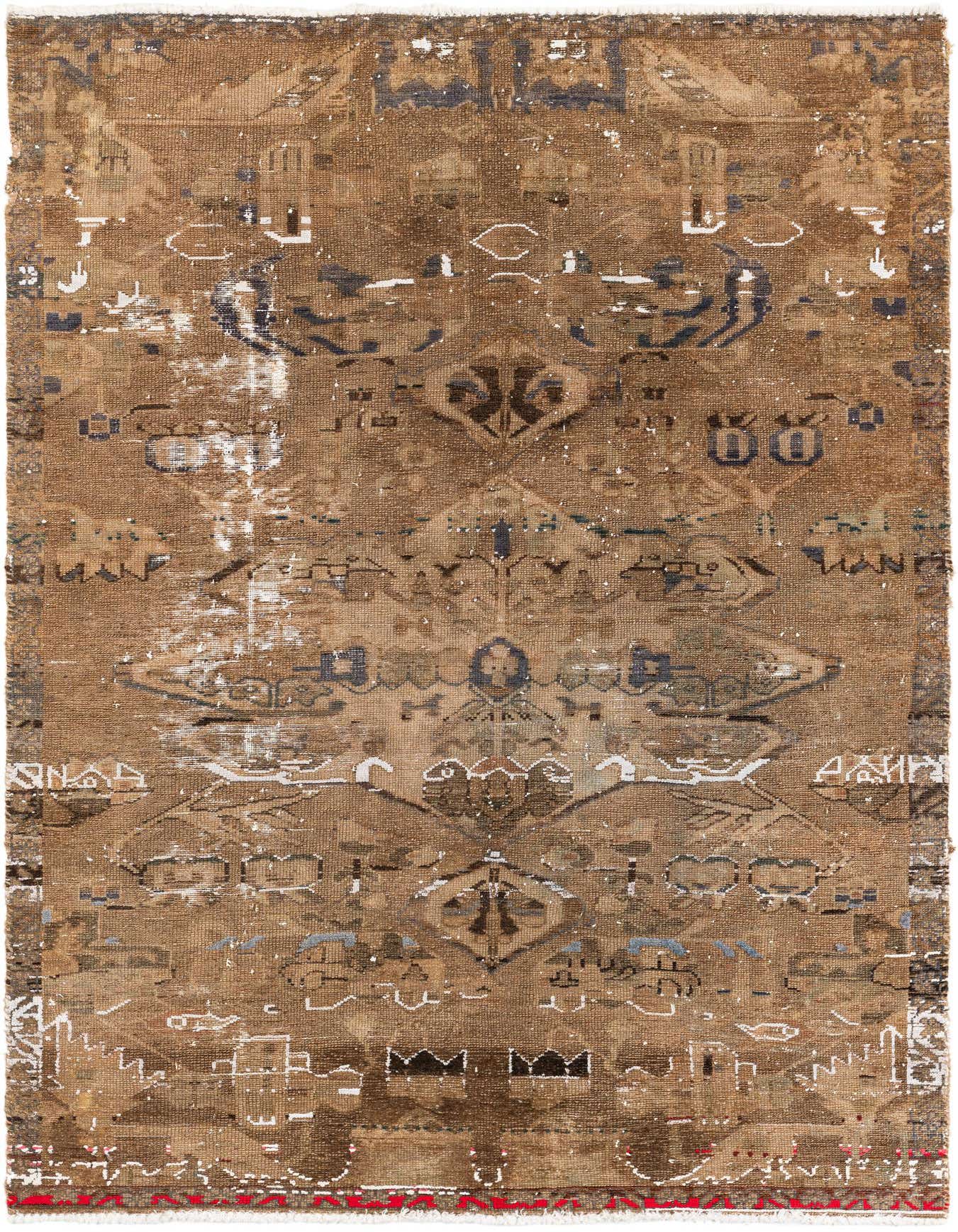 A 4x6 rectangular brown and tan wool rug with a distressed Persian-inspired pattern, ideal for a living room.