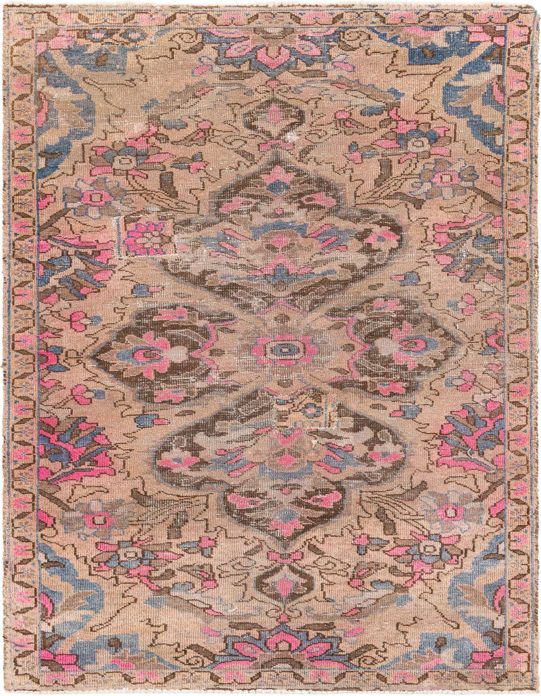 A 4x6 rectangular Ultra Vintage wool rug featuring a distressed Persian pattern in brown, tan, pink, and blue.