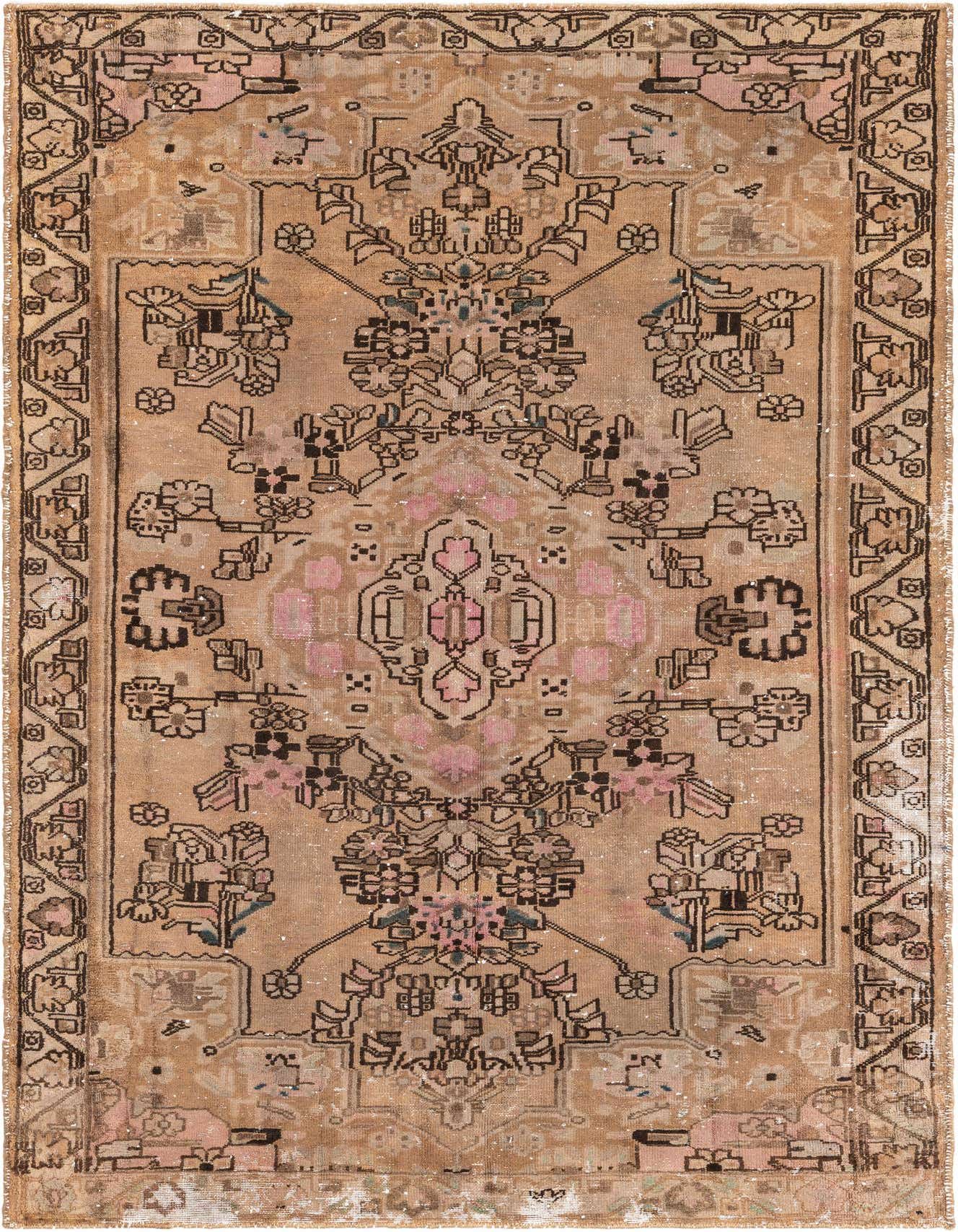 A 5x8 rectangular brown and tan Persian-style wool rug with a faded pink and black medallion pattern.