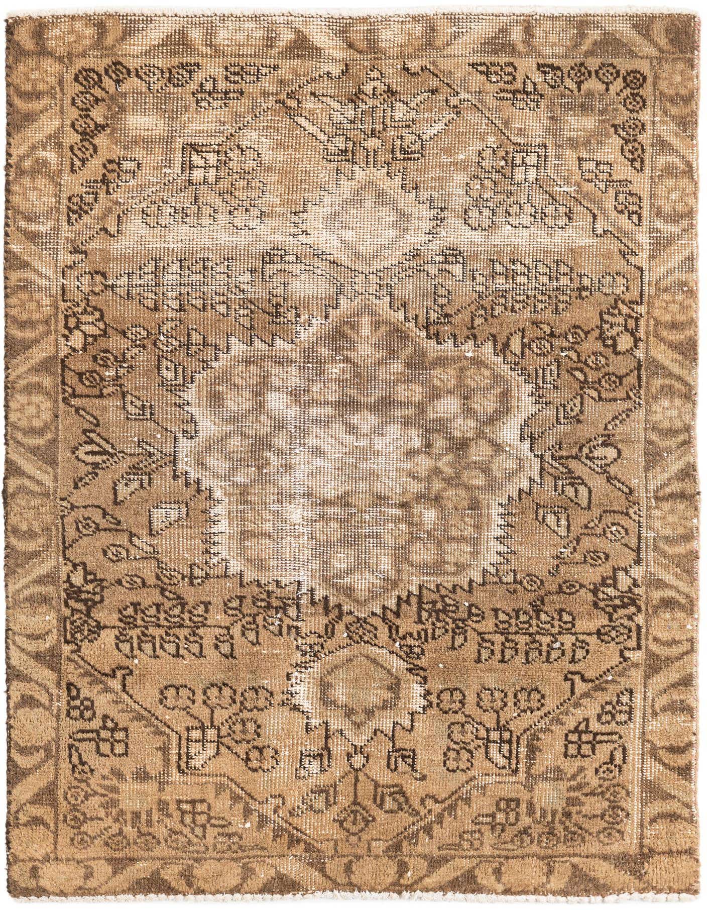 A 3x4 rectangular brown and tan Persian rug with a faded medallion pattern and distressed vintage look.