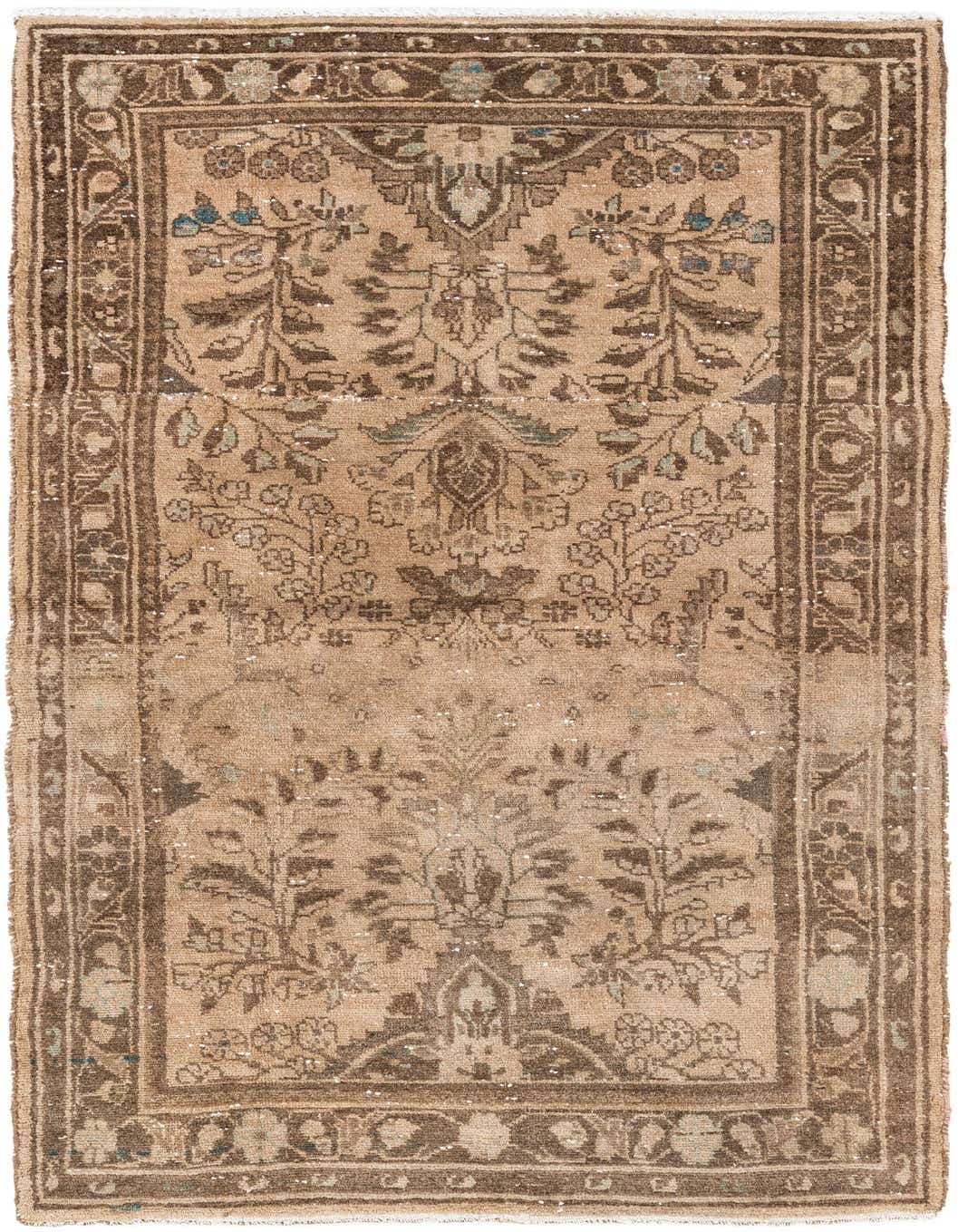 A 4x6 rectangular brown and tan Persian rug with an intricate floral and medallion pattern, ideal for a living room.