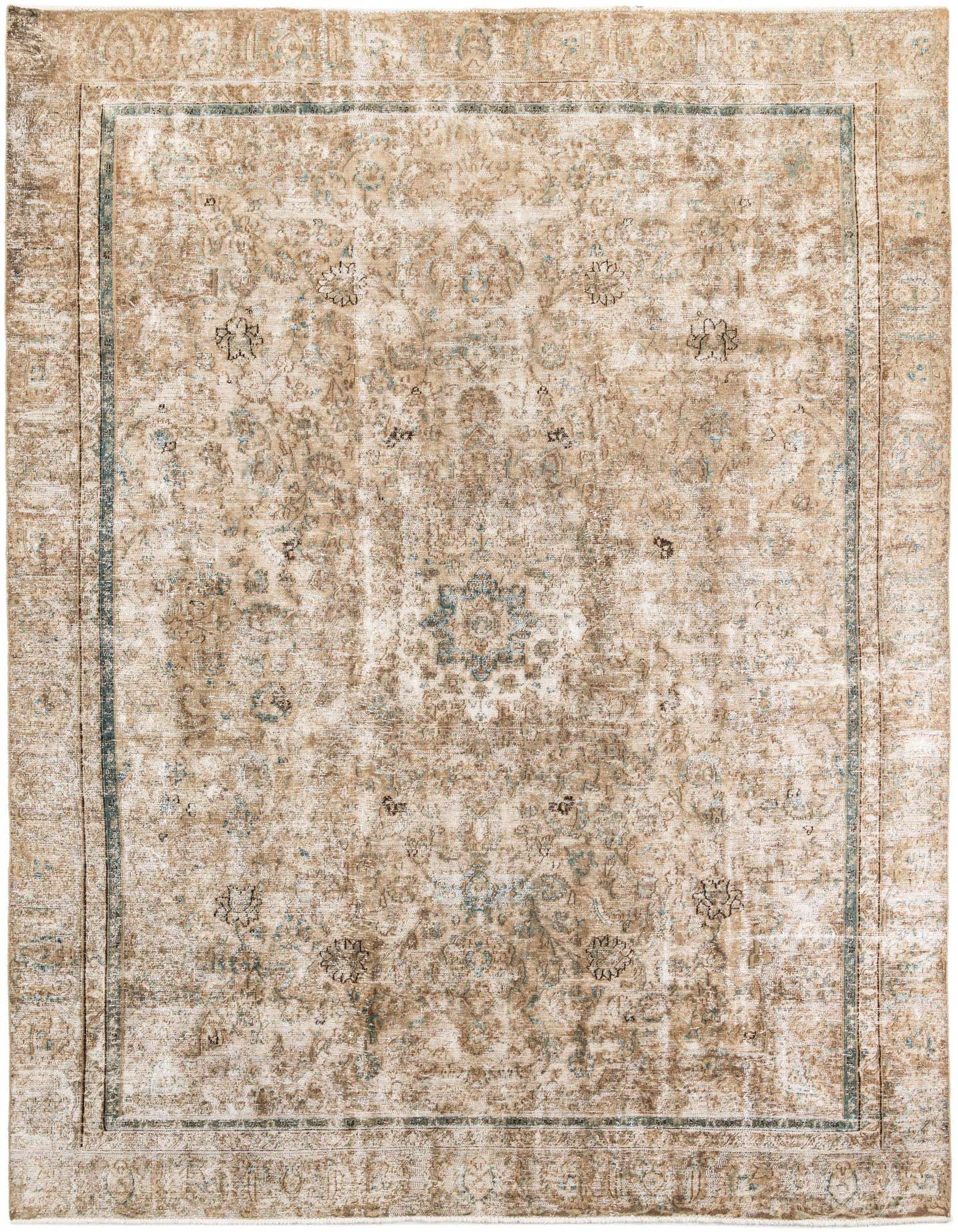 A 9x12 rectangular Ultra Vintage rug in browns and tans with a distressed Persian medallion pattern.
