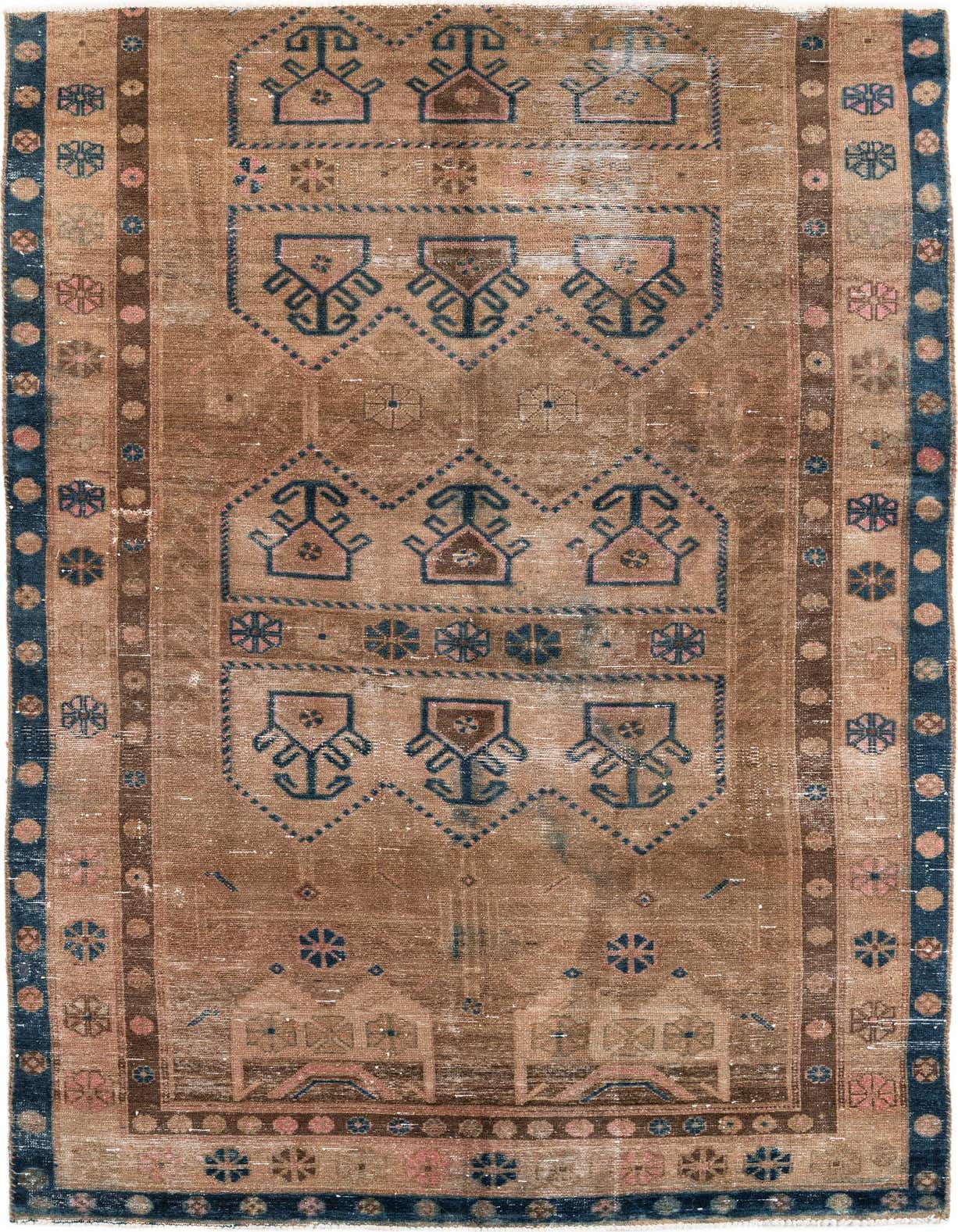 A 5x8 rectangular Ultra Vintage wool rug with a distressed brown and tan field, featuring traditional Persian motifs in blue and pink.