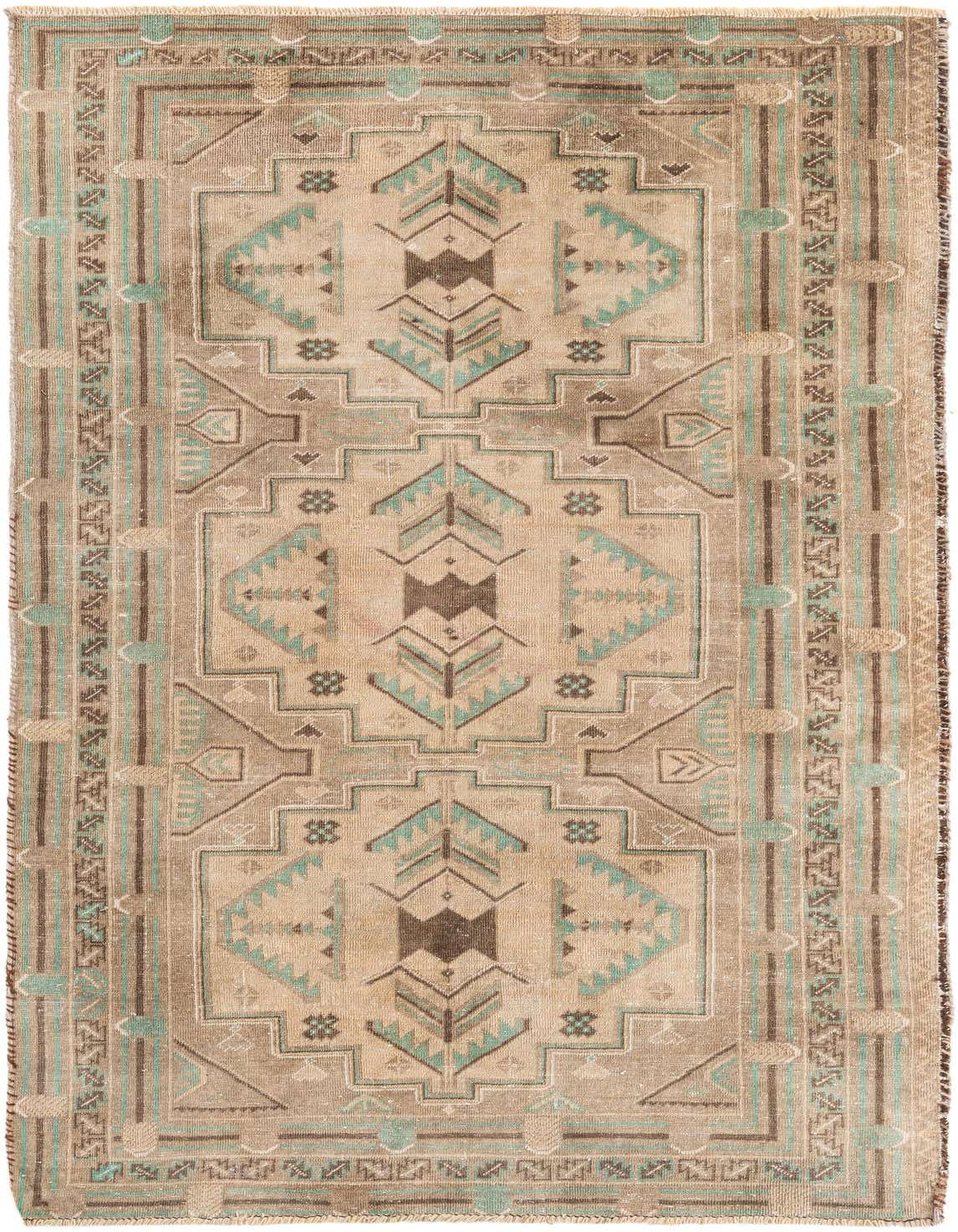 A 4x6 rectangular Ultra Vintage wool rug in browns and tans with a central medallion and geometric Persian patterns.
