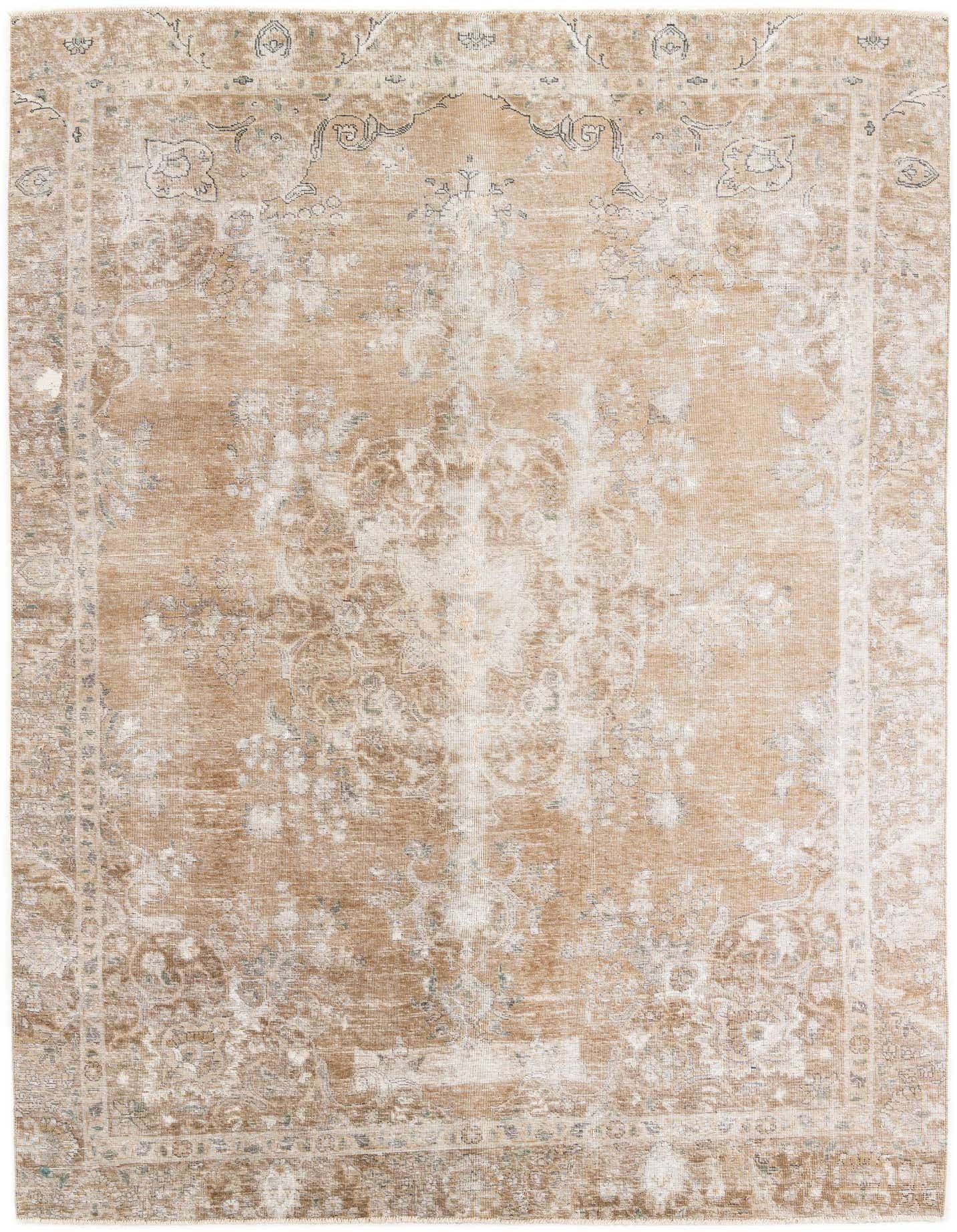 An 8x11 rectangular brown and tan wool rug with a distressed Persian medallion pattern, ideal for a living room.