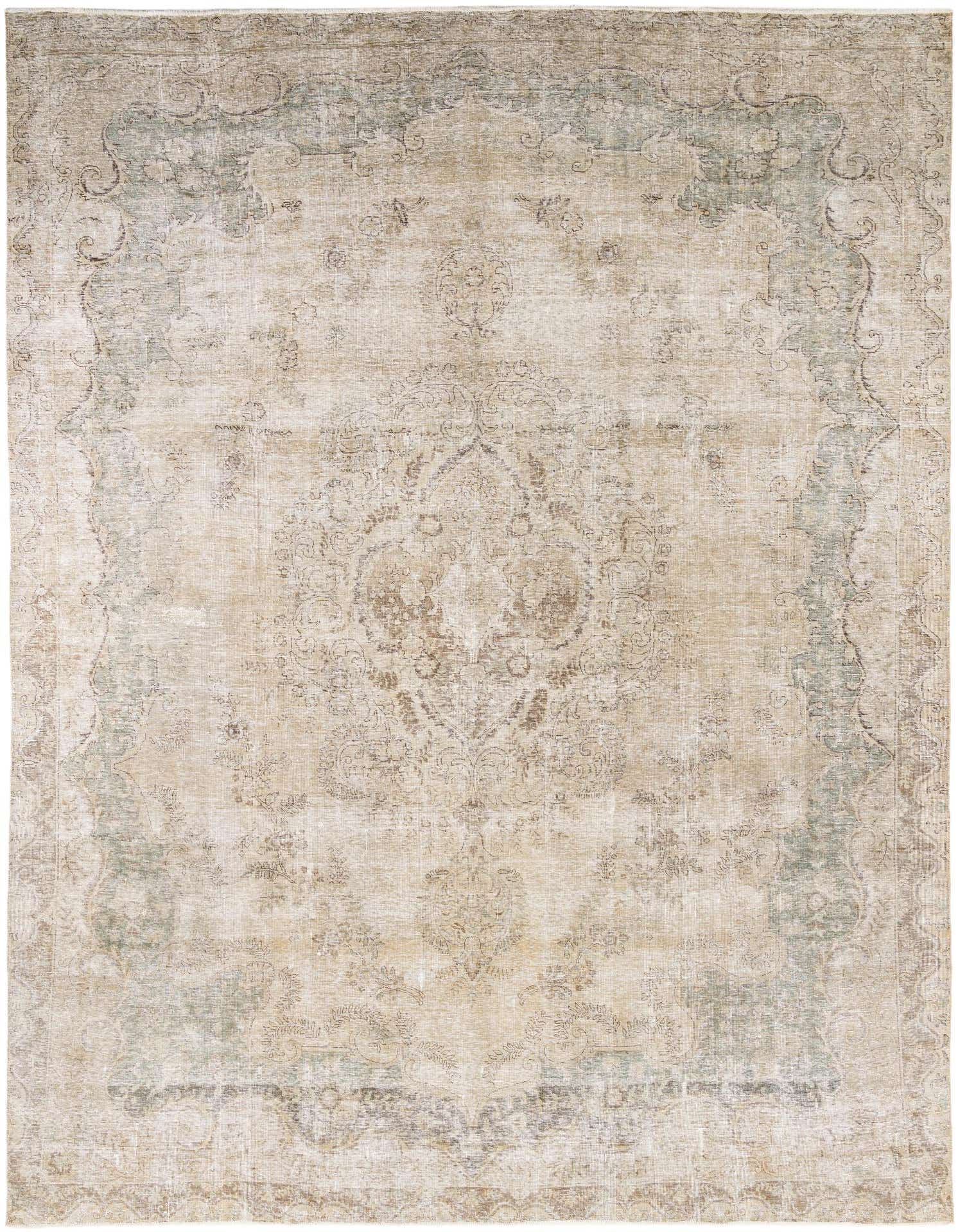 A 10x13 rectangular Rugs.com Ultra Vintage wool rug with a distressed Persian medallion pattern in shades of brown, tan, and faded teal.