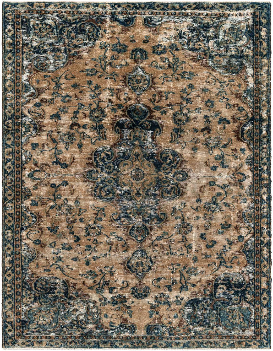 A 5x8 rectangular Ultra Vintage wool rug with a distressed Persian medallion pattern in shades of brown, tan, and faded blue.