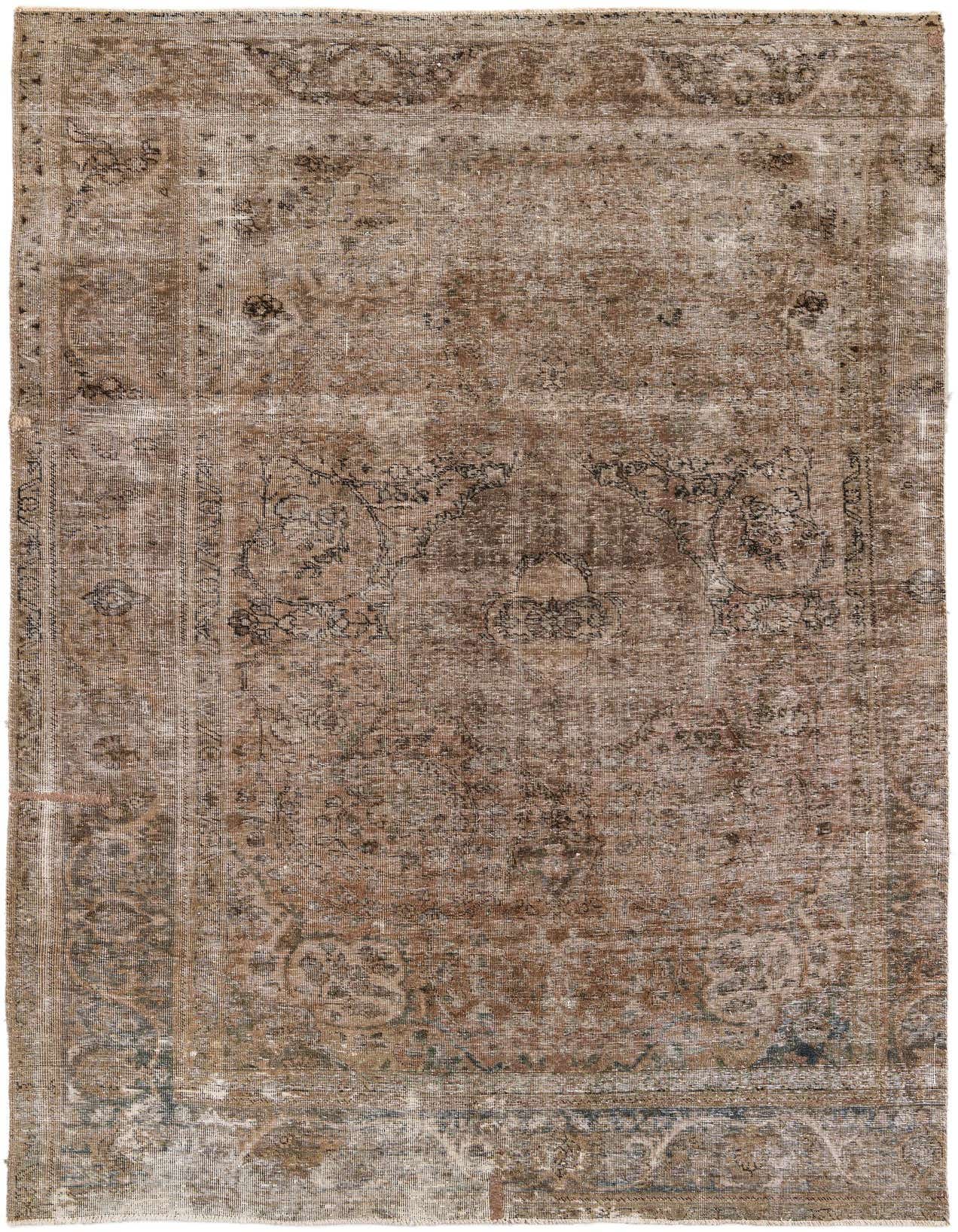 A 6x9 rectangular brown and tan Persian-style wool rug with a distressed vintage medallion pattern, suitable for a living room.