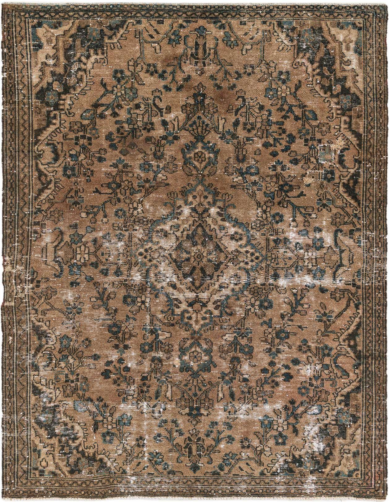 A 6x9 rectangular Ultra Vintage wool rug in browns and tans with a distressed Persian medallion pattern.