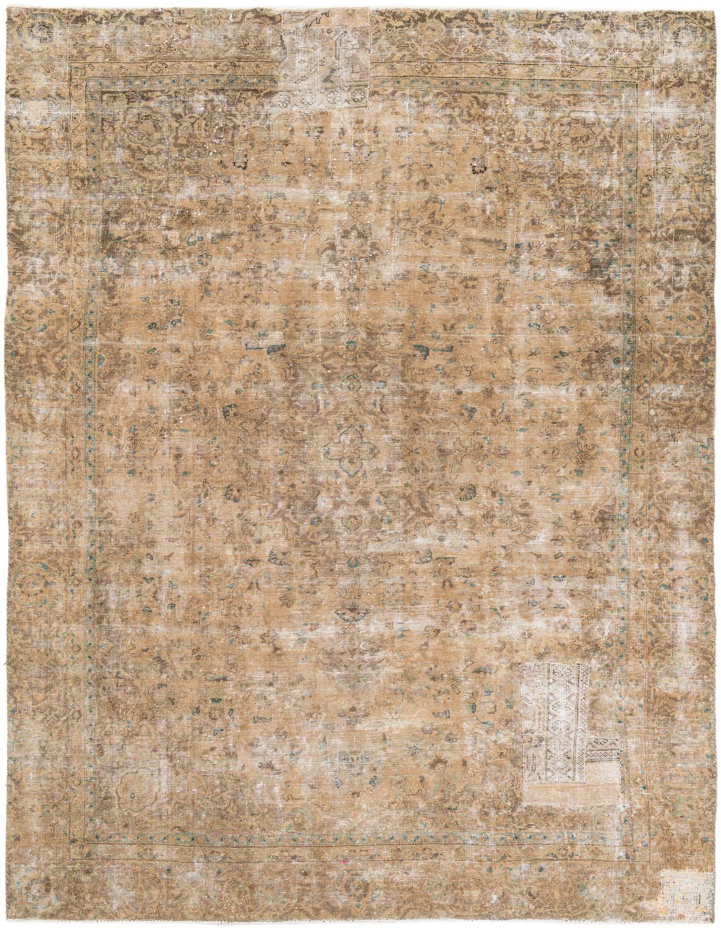 A 7x10 rectangular Ultra Vintage wool rug in shades of brown and tan with a faded Persian medallion pattern, ideal for a living room.