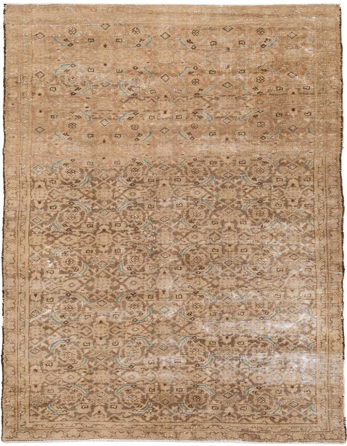 A 6x9 rectangular brown and tan Persian-style wool rug with a distressed vintage pattern and subtle blue accents.