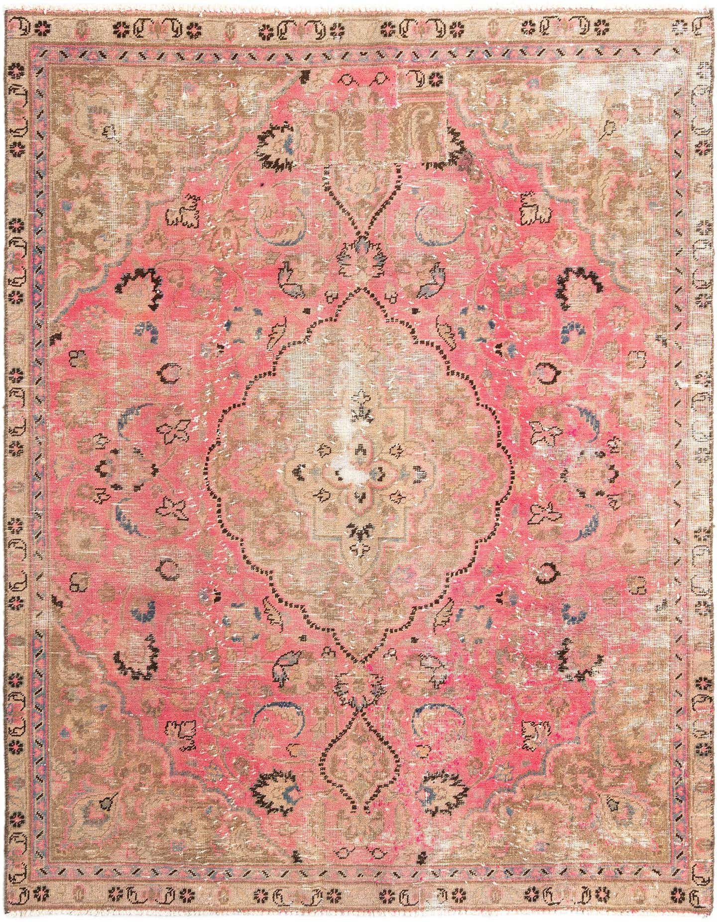 A 6x9 rectangular Persian-style wool rug featuring a faded pink and brown medallion pattern with intricate floral details.