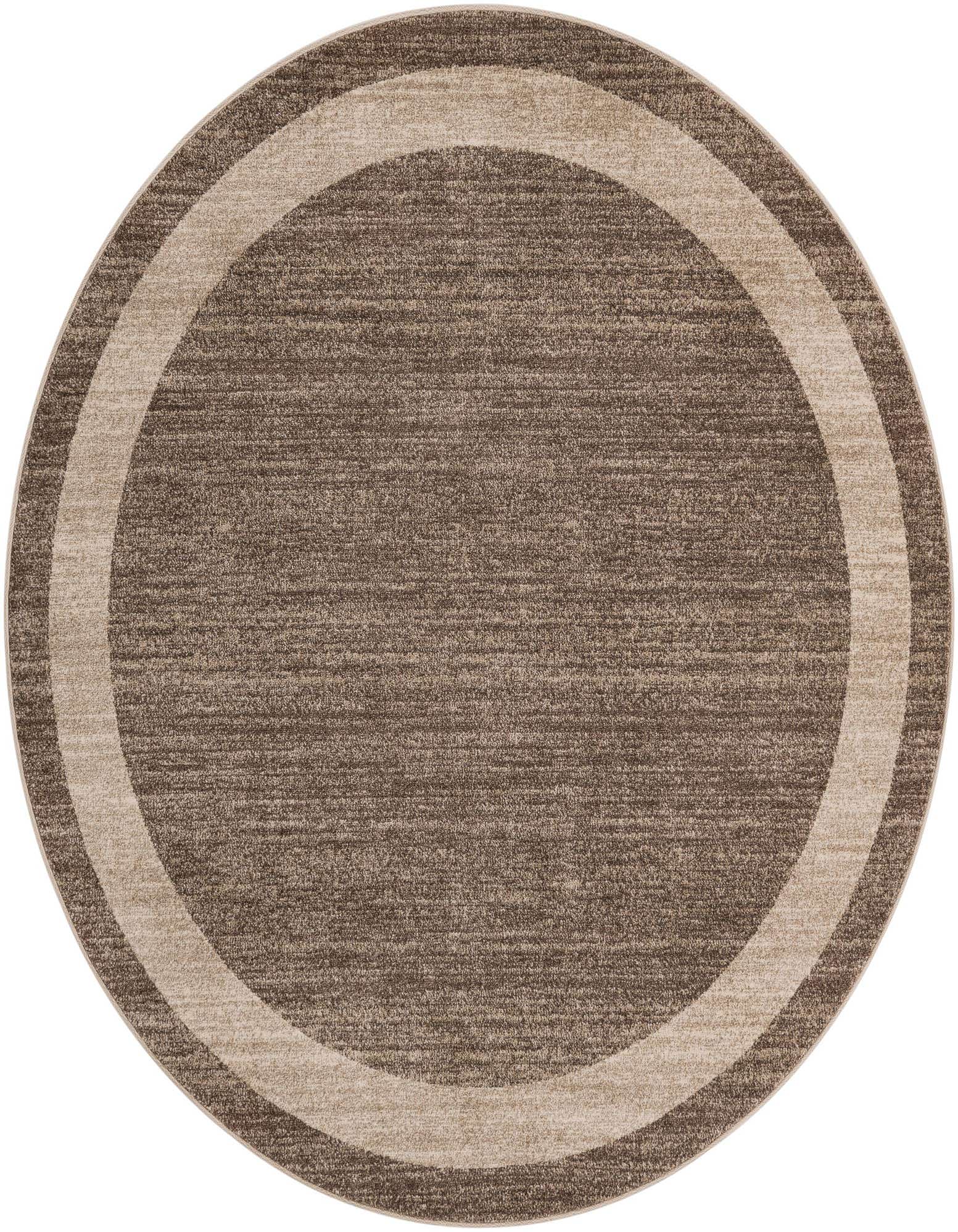 A round brown area rug with a subtle tan border, made from polypropylene, suitable for various indoor rooms.