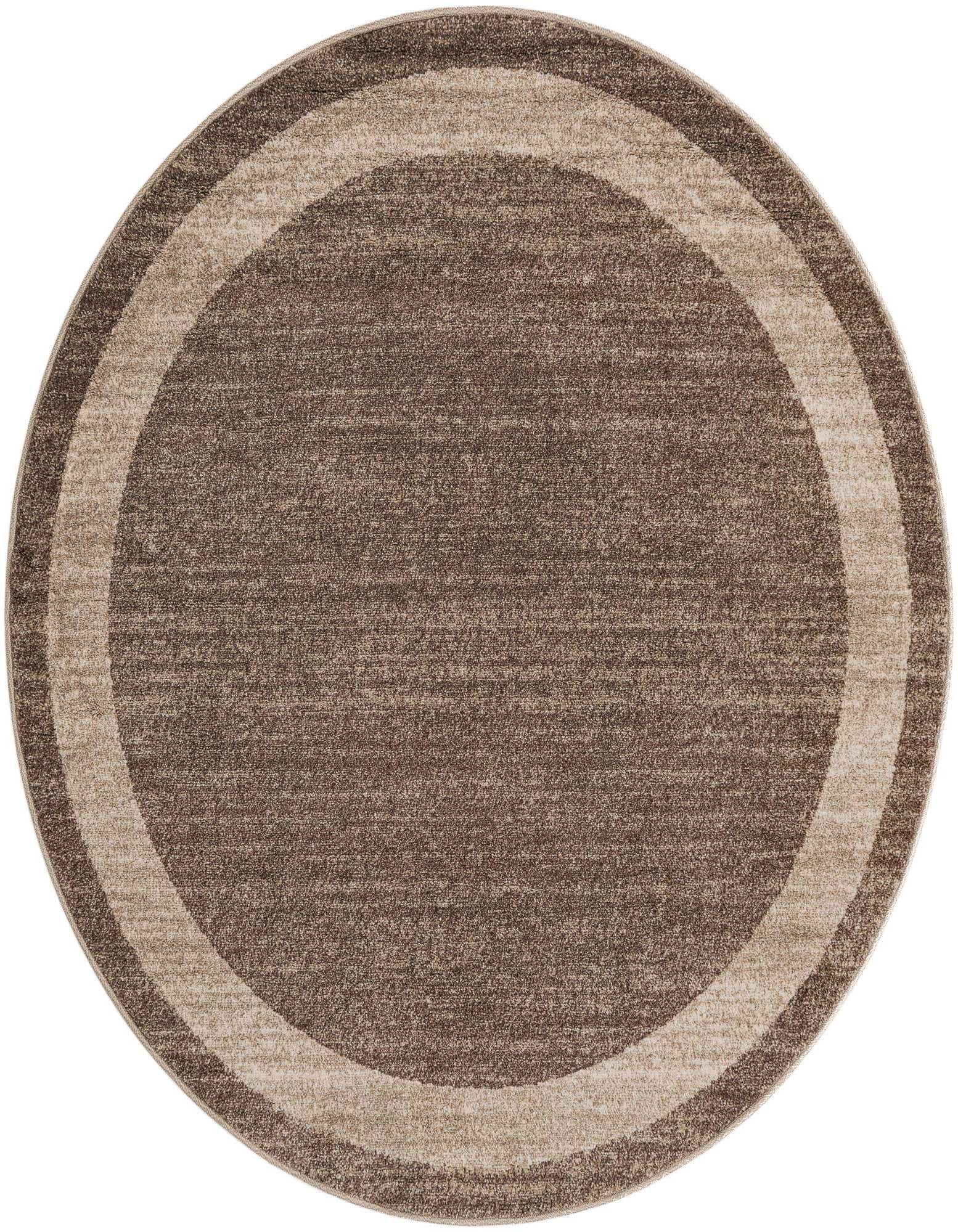 A 6' round brown area rug with a subtle tan border, made from polypropylene, suitable for indoor spaces.