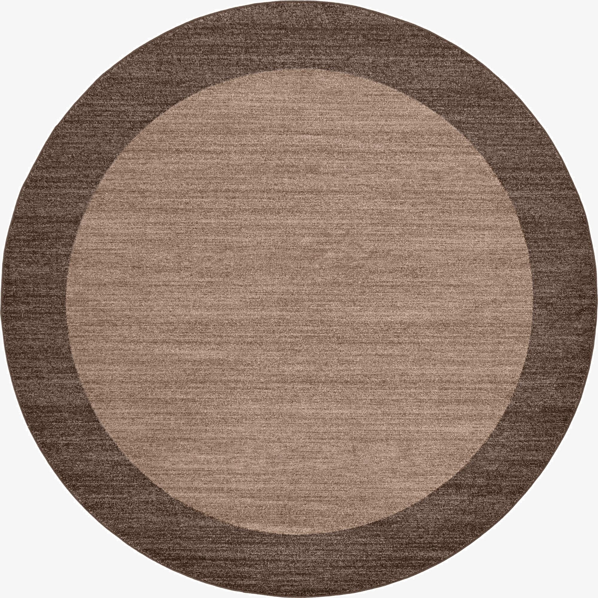 A 7' 10" round brown area rug with a lighter tan center and a darker brown border, suitable for various indoor spaces.