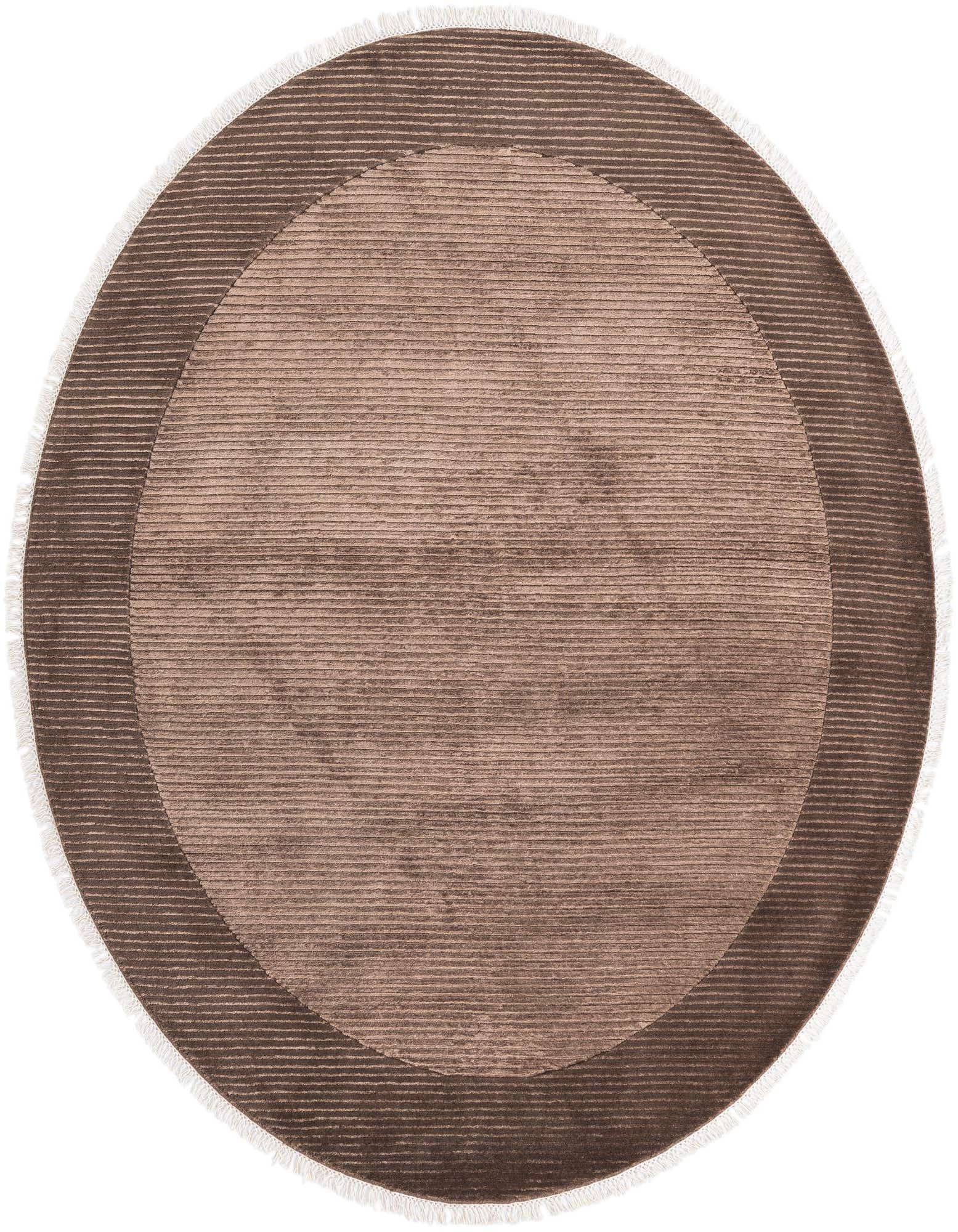 A round, high-pile 6' 5 x 6' 5 wool rug in varying shades of brown with a modern, oriental pattern and white fringe.