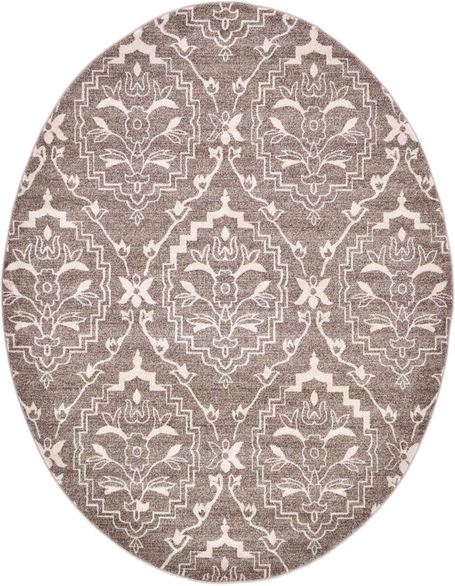 A round 8' 0 x 8' 0 Diana Collection rug in browns and tans, featuring a traditional botanical pattern.