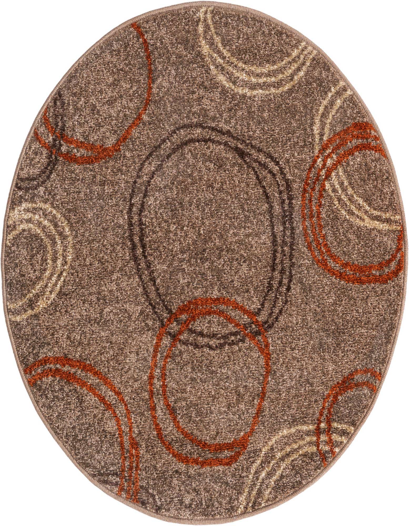 A 3' 3 round brown modern rug with abstract tan, orange, and dark brown concentric circles.