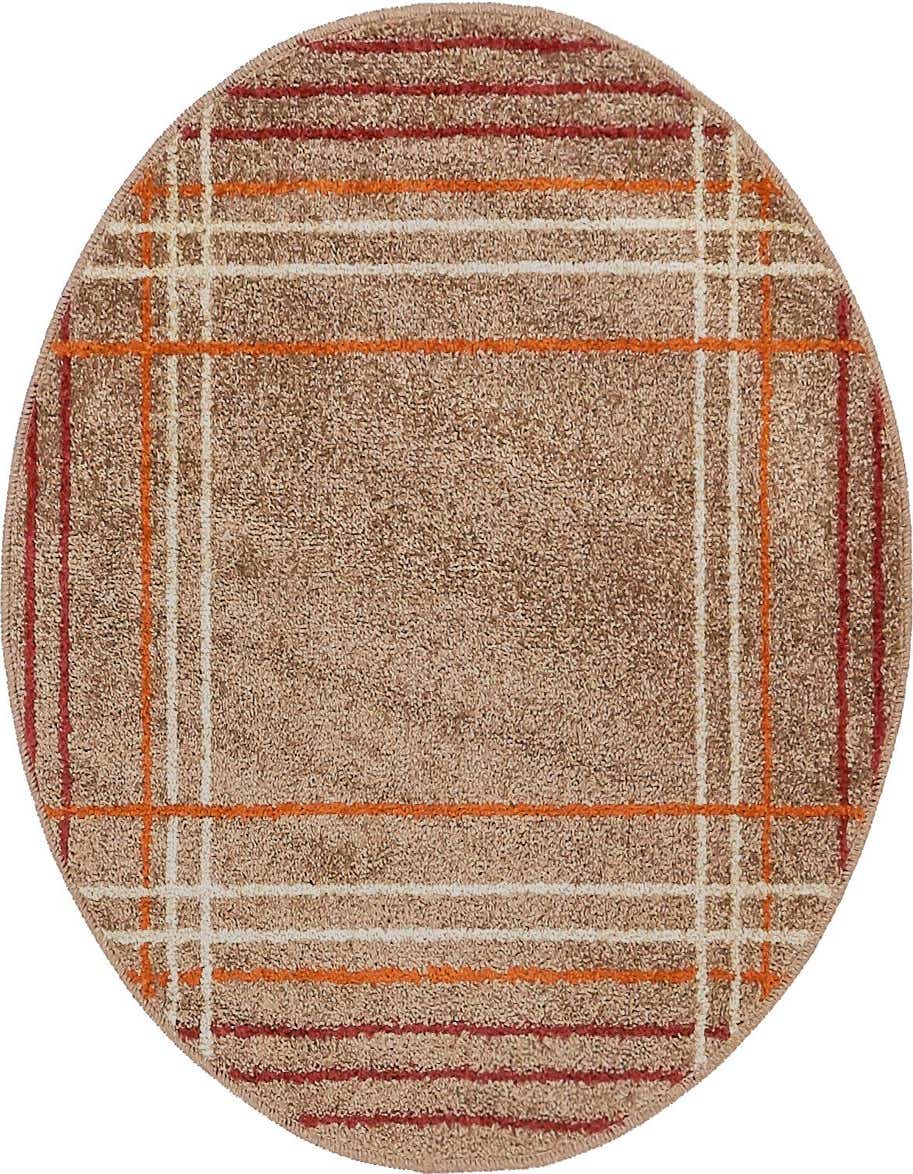 A round brown rug with a modern plaid pattern in thin red, orange, and white stripes, suitable for indoor spaces.