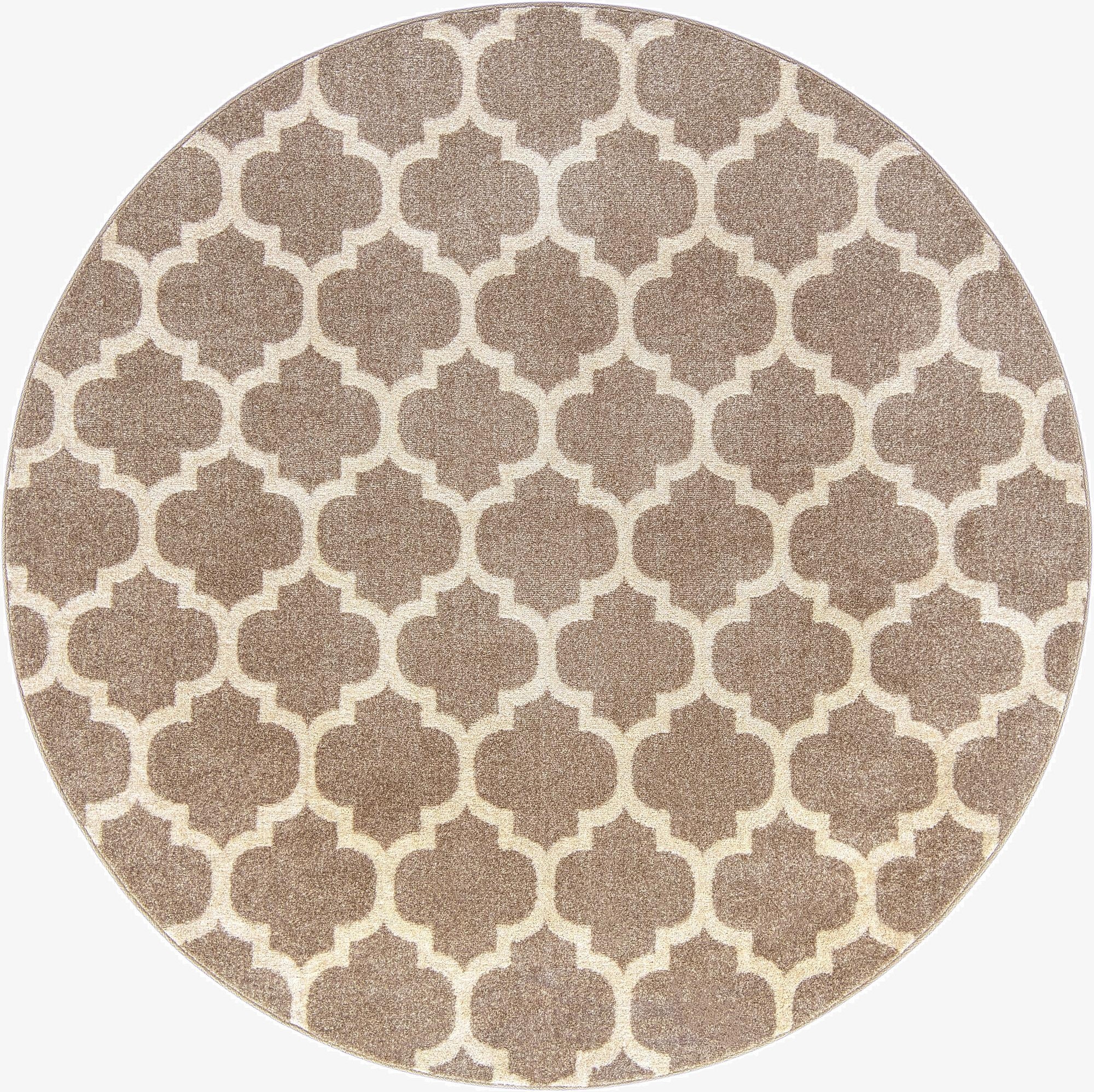A round 7' 10 x 7' 10 brown and tan modern trellis rug, perfect for an indoor living space.