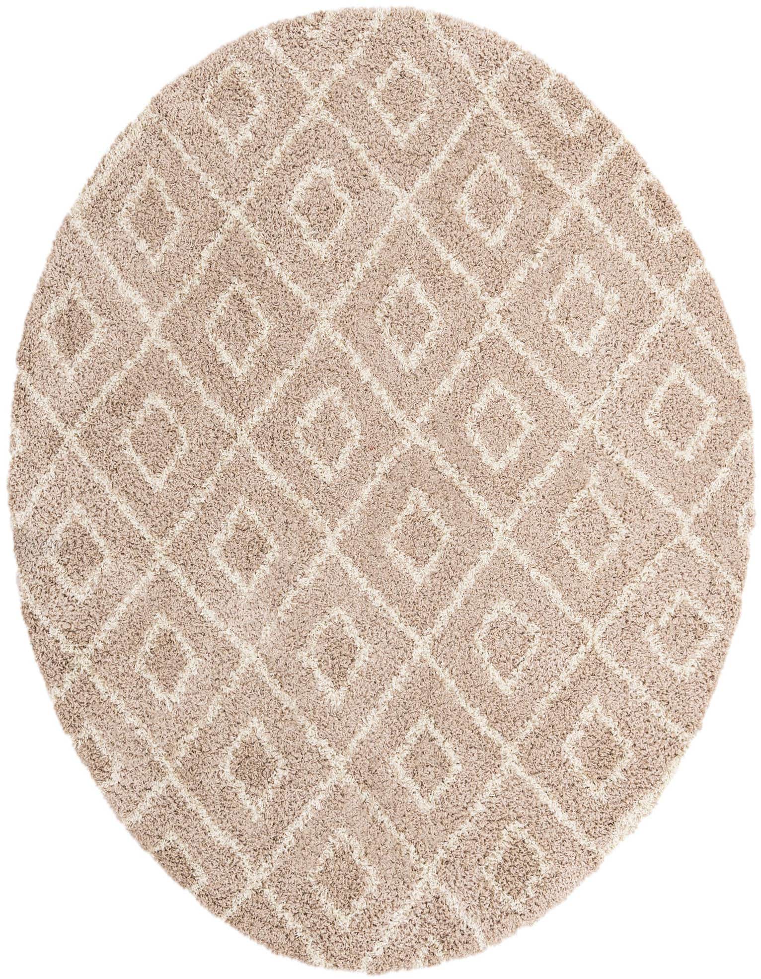 A round 7' 10" x 7' 10" brown and tan shag rug with a modern geometric diamond pattern.