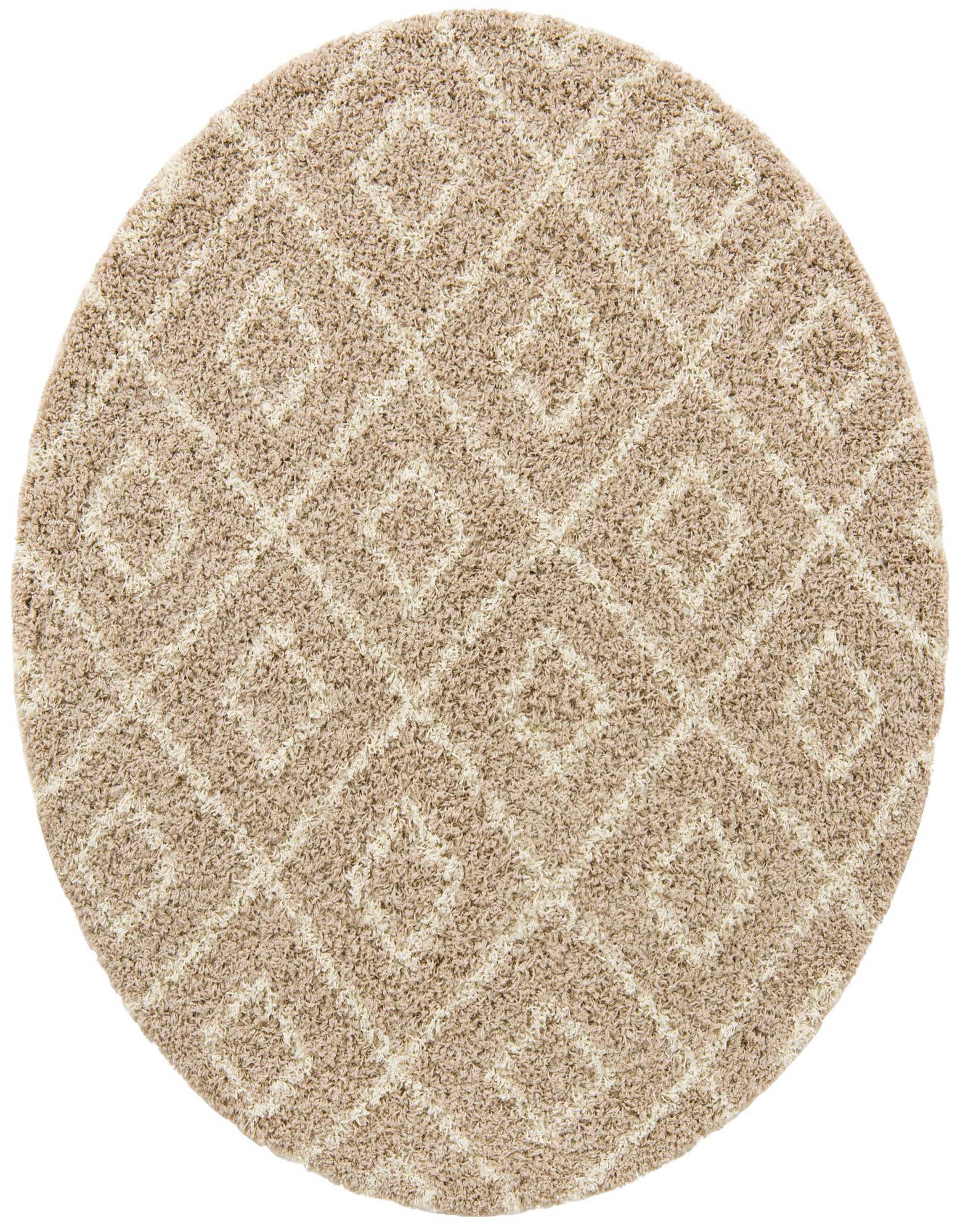 A 6' round brown and tan modern trellis shag rug with a textured high-low pile.