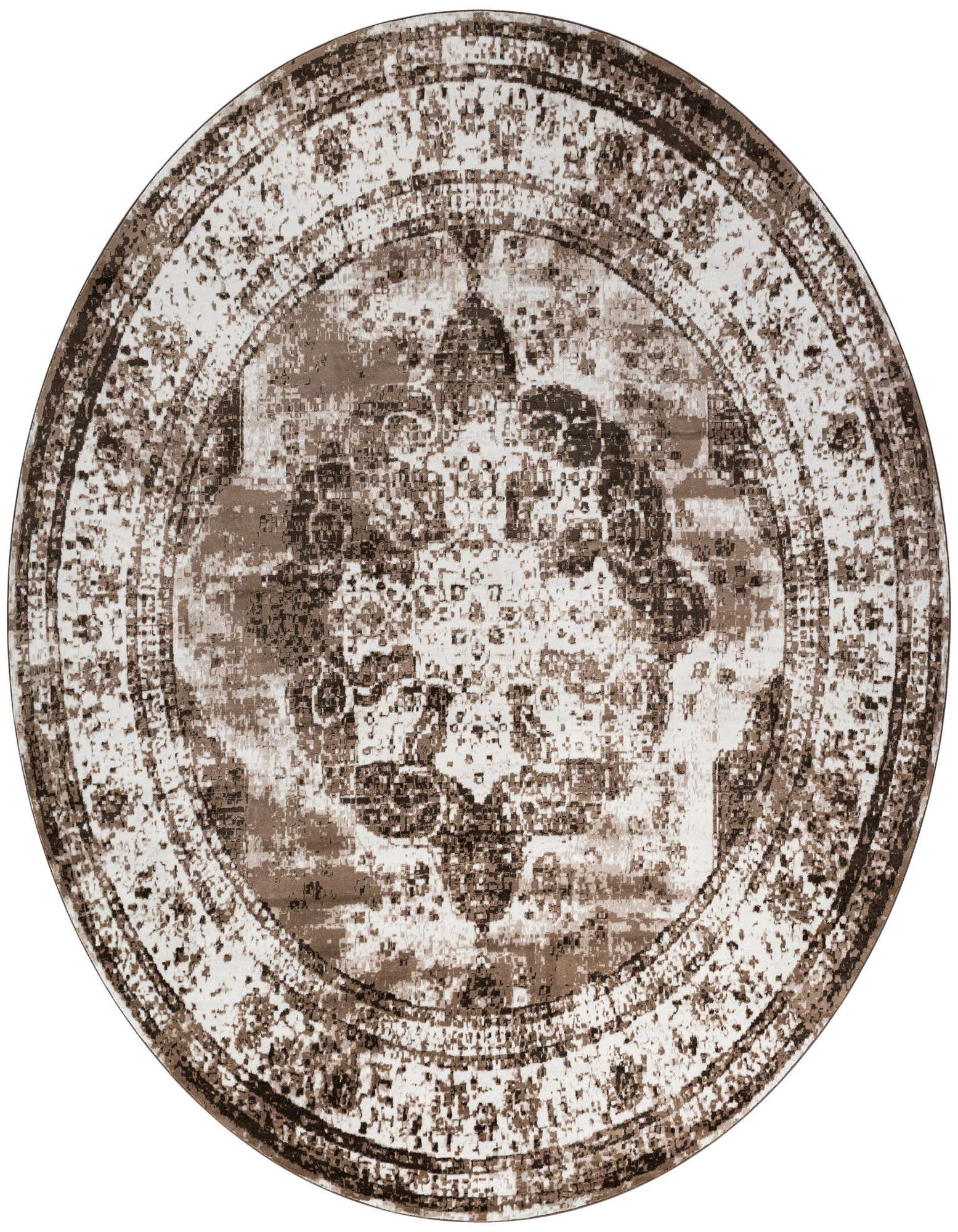 A large round brown and tan vintage medallion rug with a distressed traditional Oriental pattern.