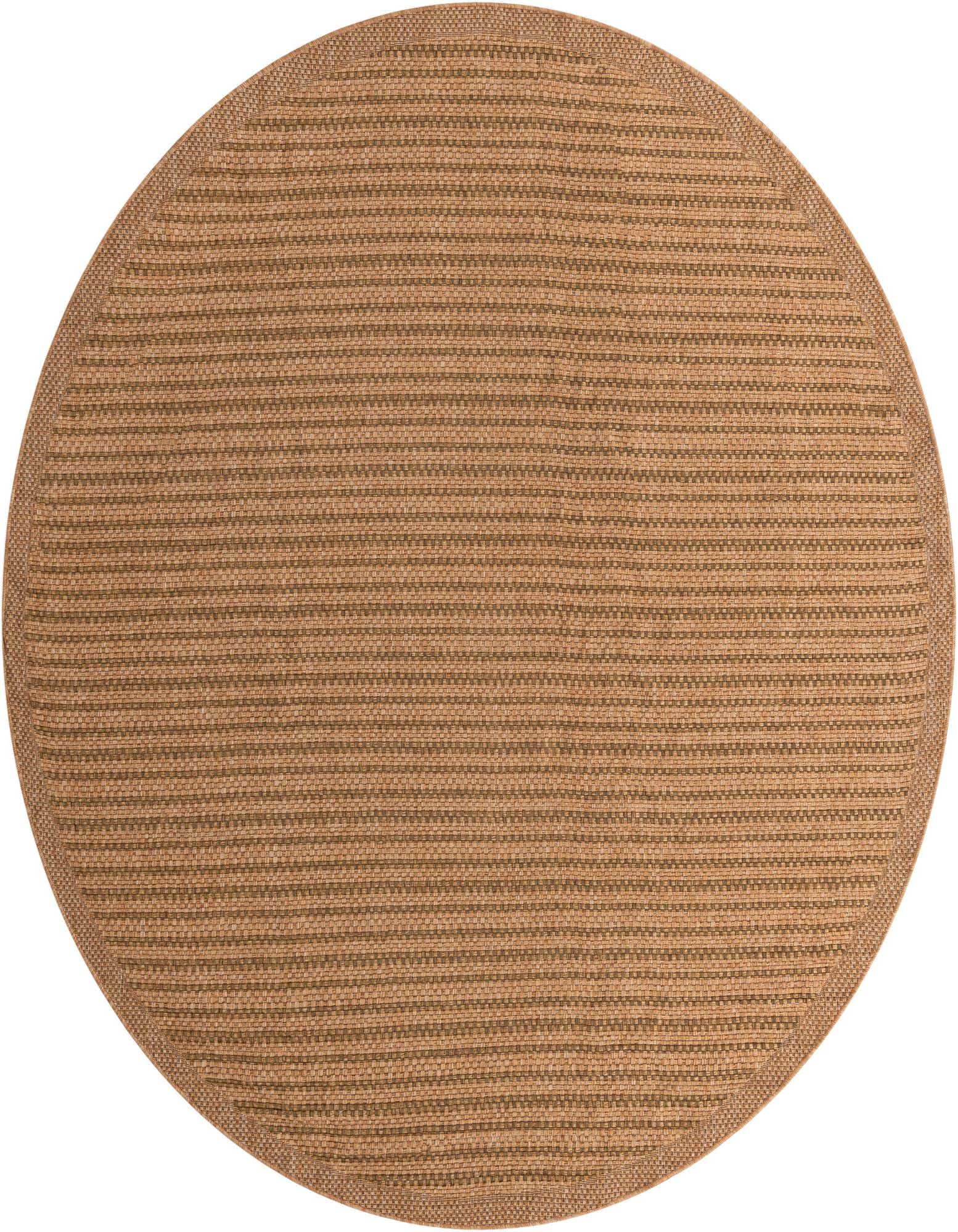 A 10-foot round brown flatweave rug with a subtle textured pattern, suitable for indoor or outdoor use.