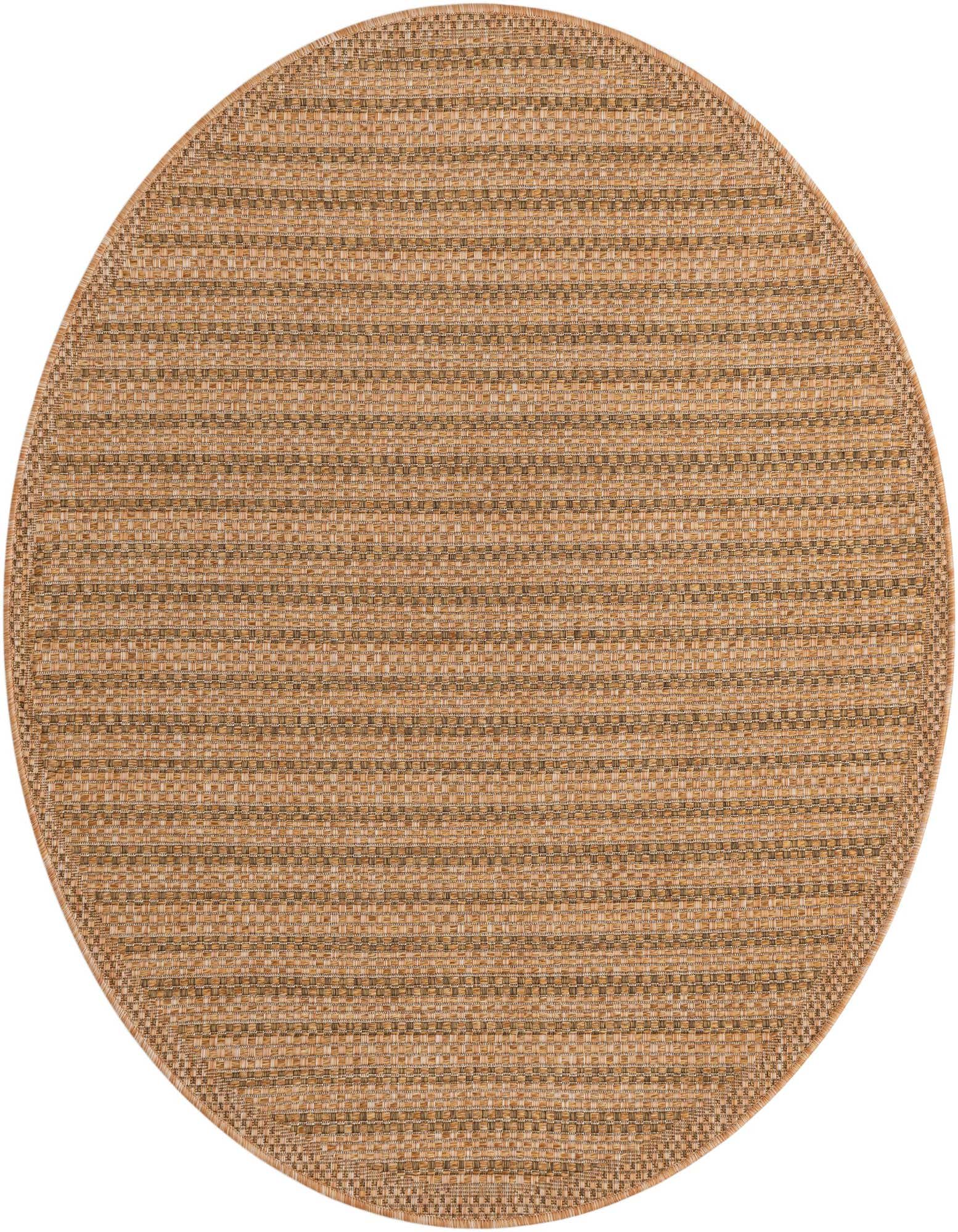 A 5' 3 round brown and tan flatweave rug with a subtle textured stripe pattern, suitable for indoor or outdoor use.