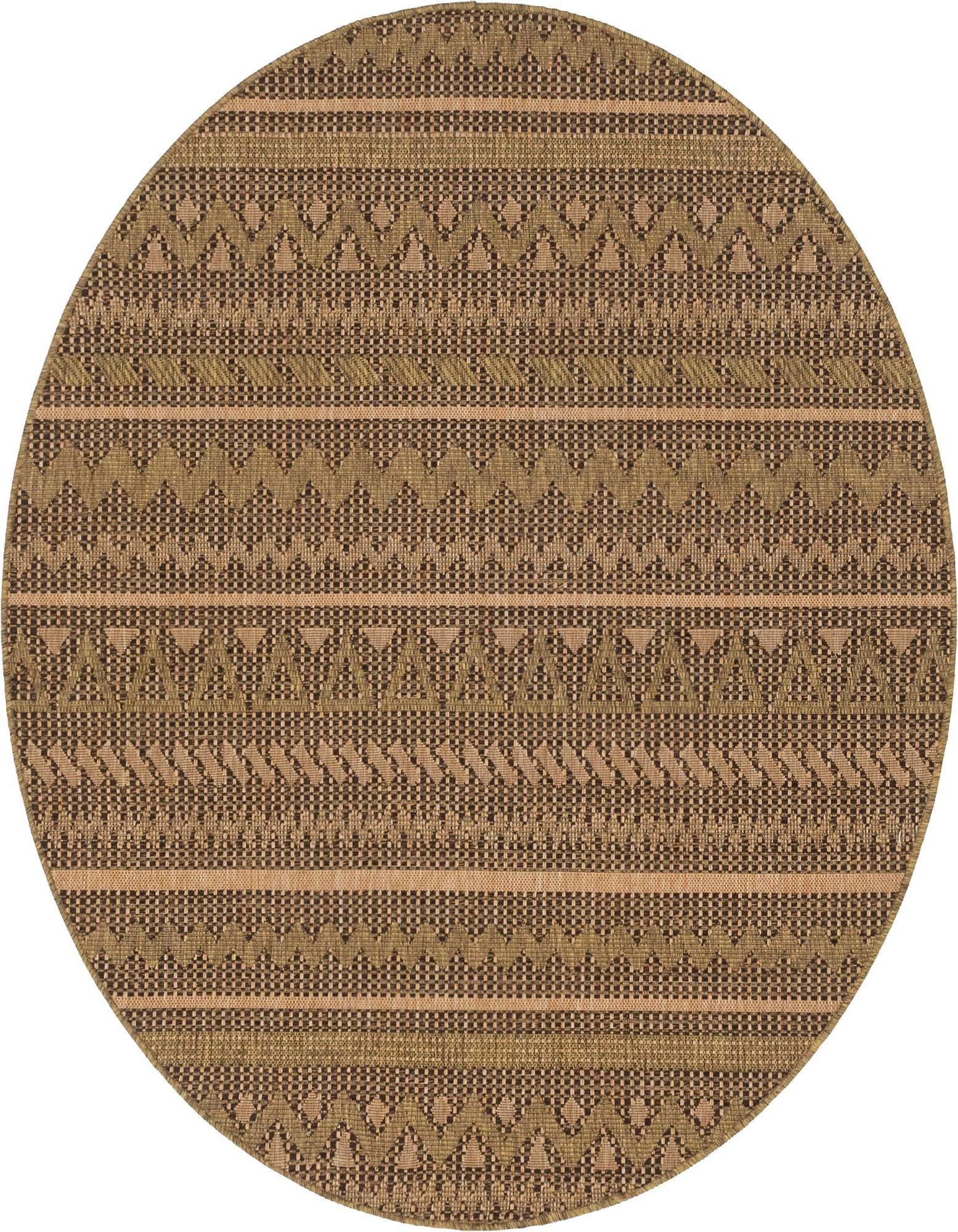 A 6' round brown and tan Southwestern-style flatweave rug with tribal stripes, suitable for indoor or outdoor use.