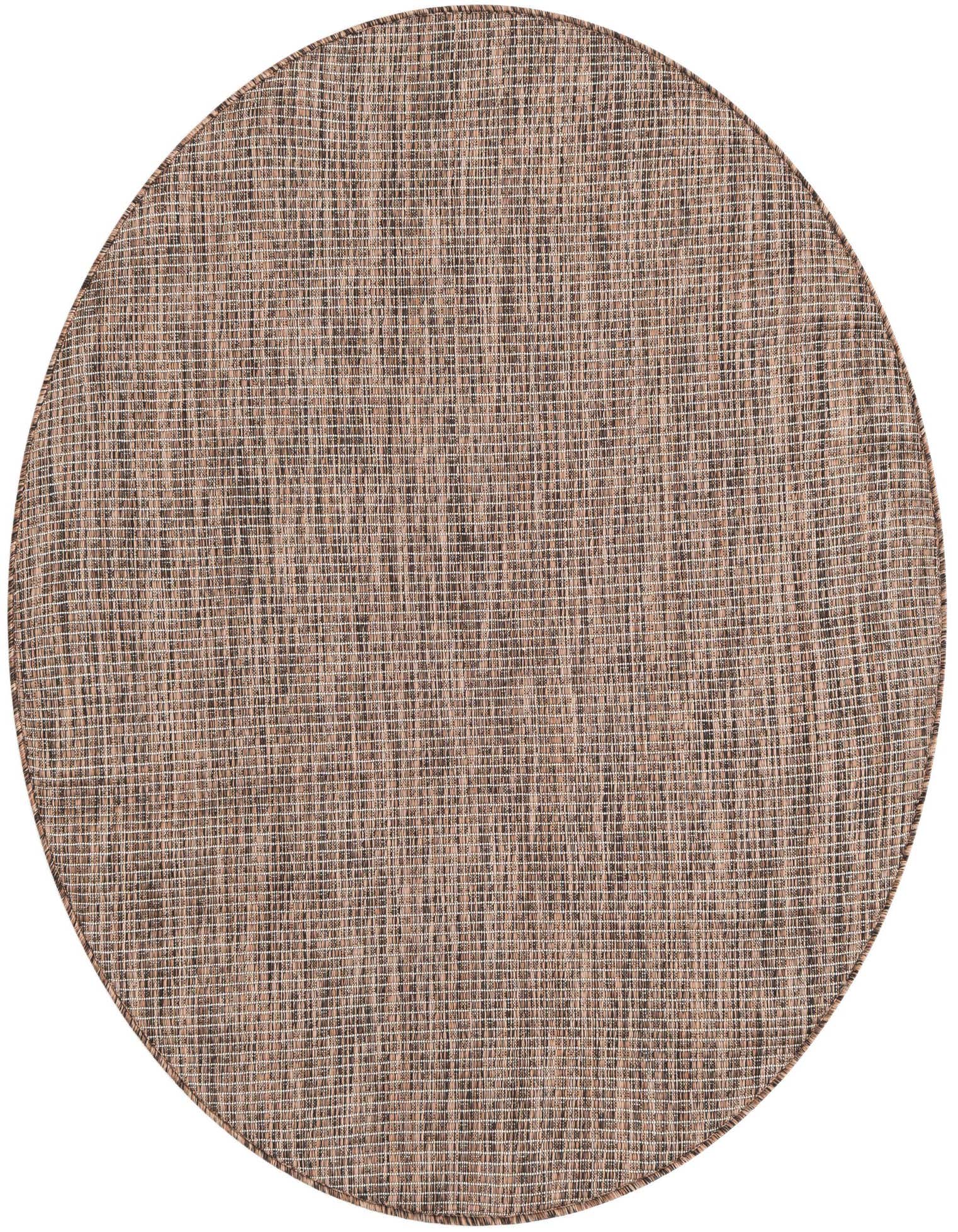 A 4' 1 x 4' 1 round brown and tan modern flatweave rug, suitable for indoor or outdoor use.