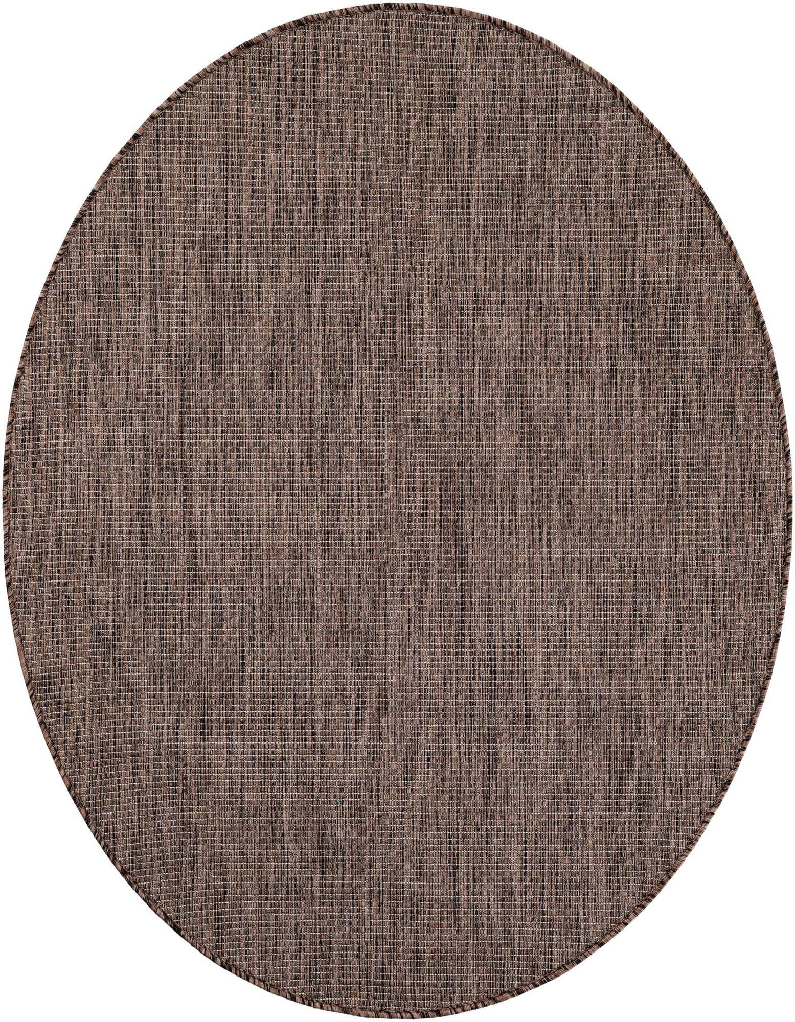 A 5' 3 round brown and tan flatweave rug with a modern, solid textured pattern, suitable for indoor or outdoor use.