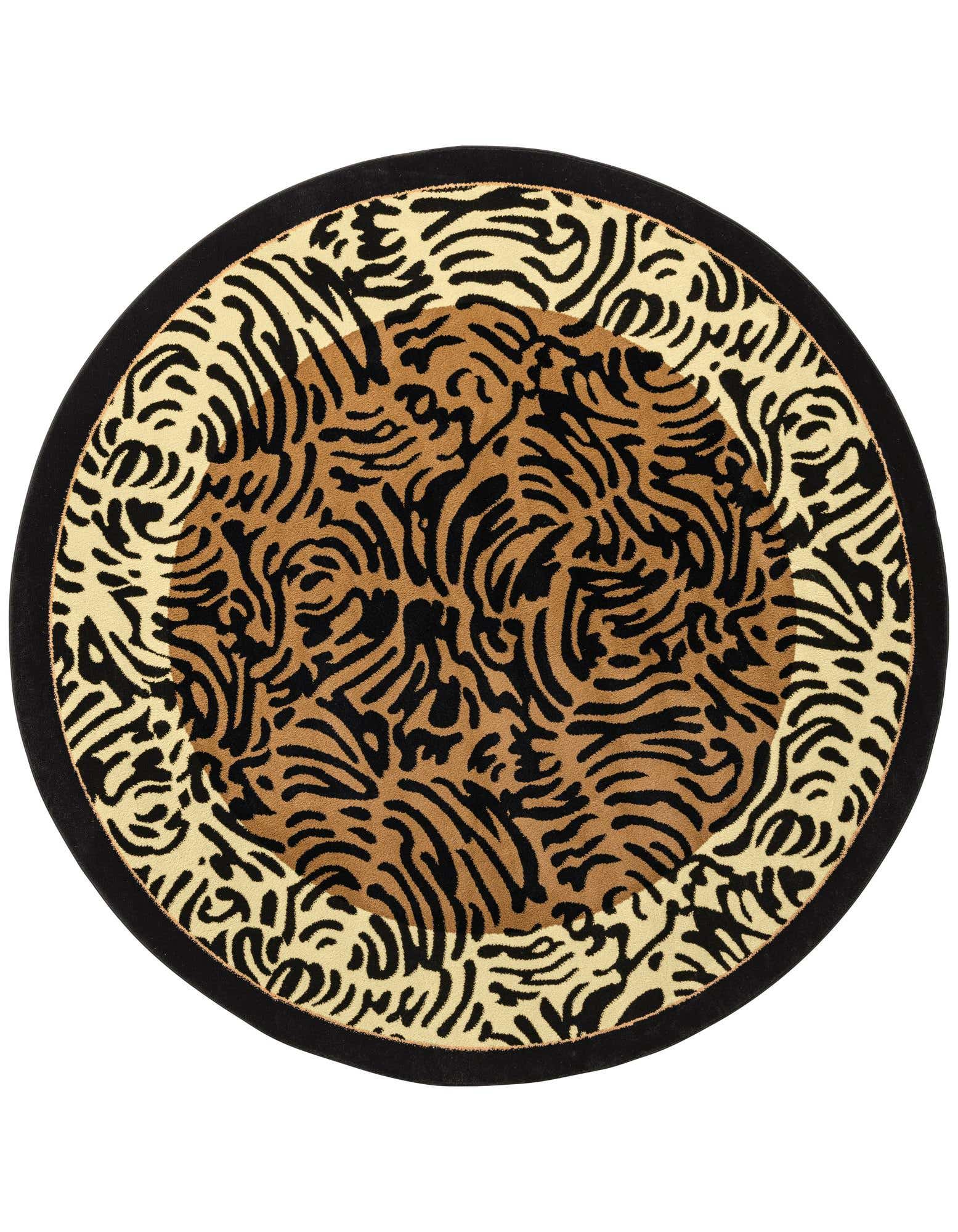 A round 7' 10 x 7' 10 Savannah rug with a black border, tan and brown zebra stripes, and a medium pile.