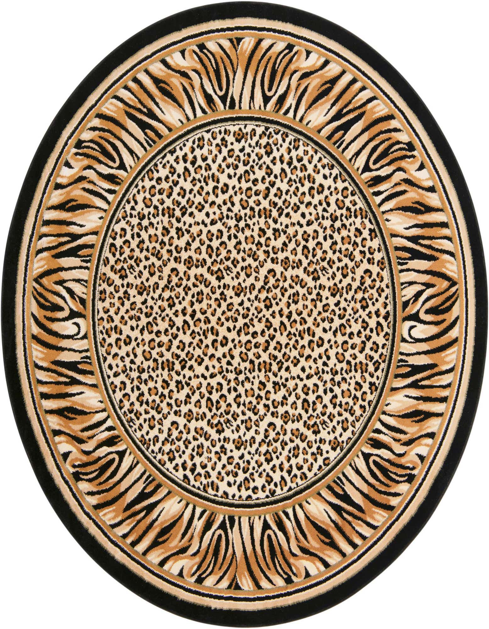 A round brown and black rug featuring a leopard print center surrounded by a zebra stripe border.