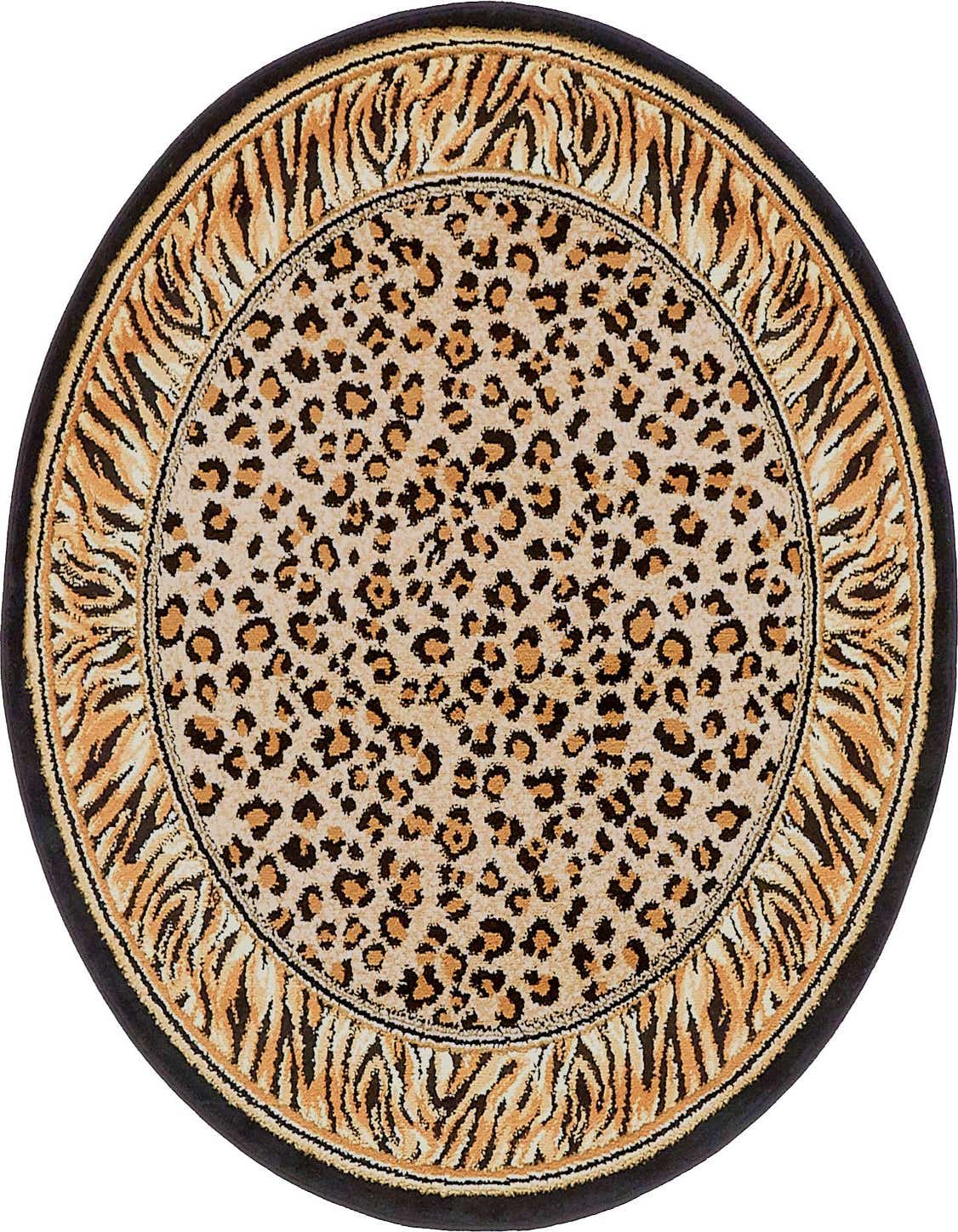 A round 4' 0 x 4' 0 Savannah rug featuring a central leopard print with a tiger stripe border in browns and tans.