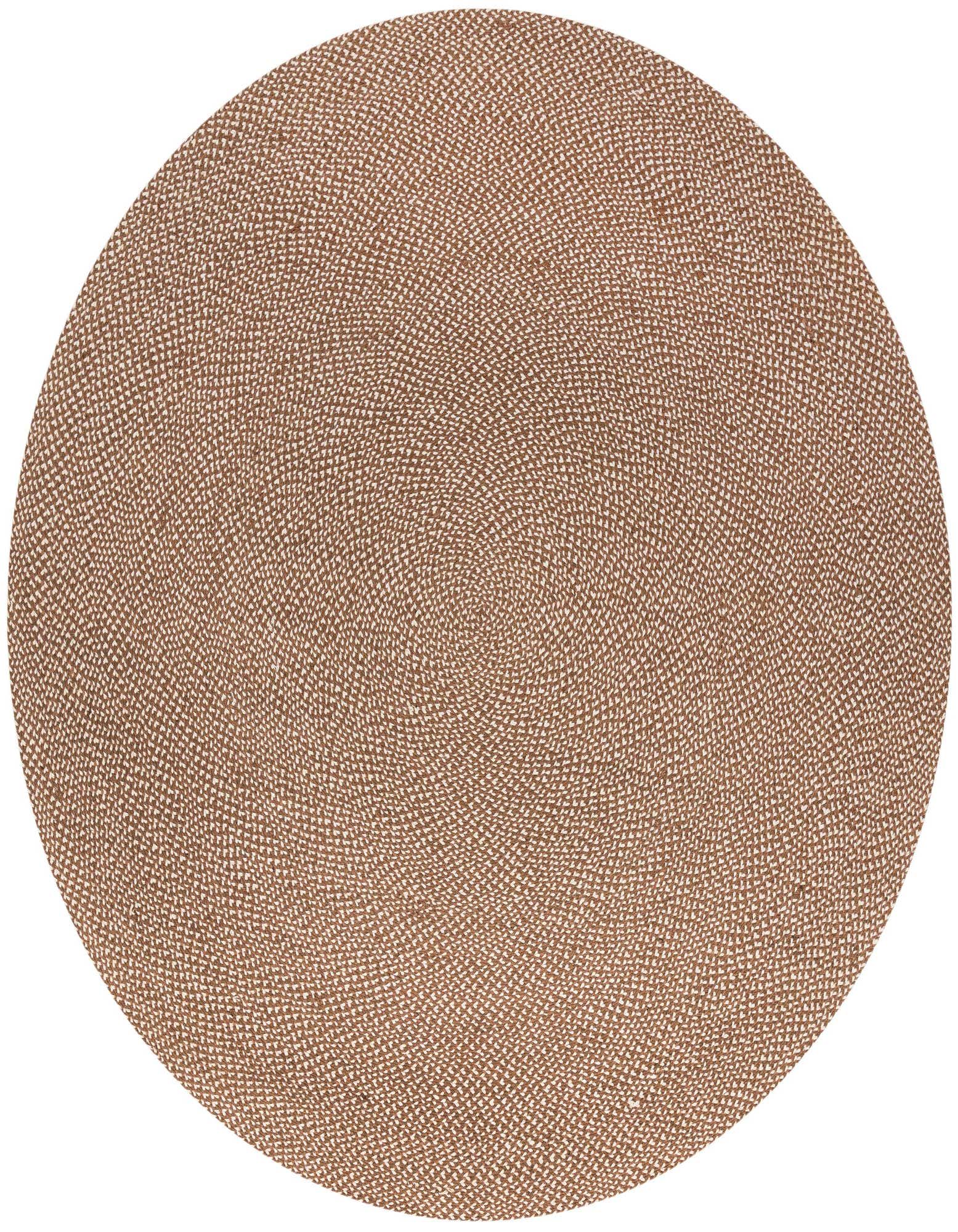 A 10-foot round braided jute rug in varying shades of brown and tan, featuring a modern, textured weave.
