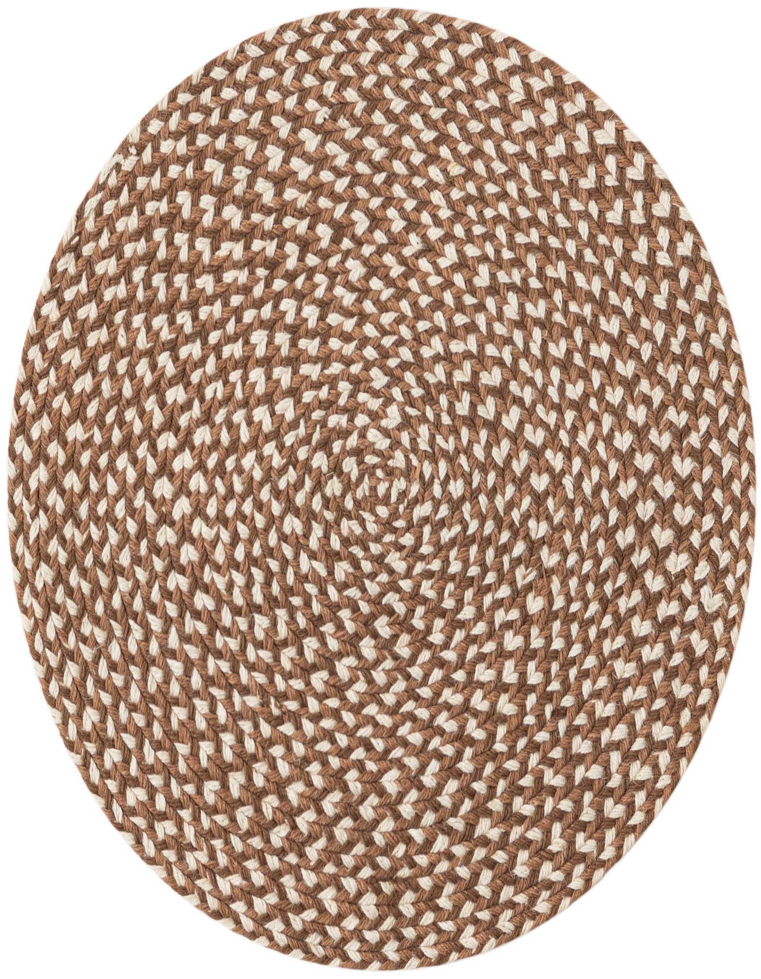 A 2' 0 x 2' 0 round braided jute rug in shades of brown and tan, featuring a tight geometric pattern.
