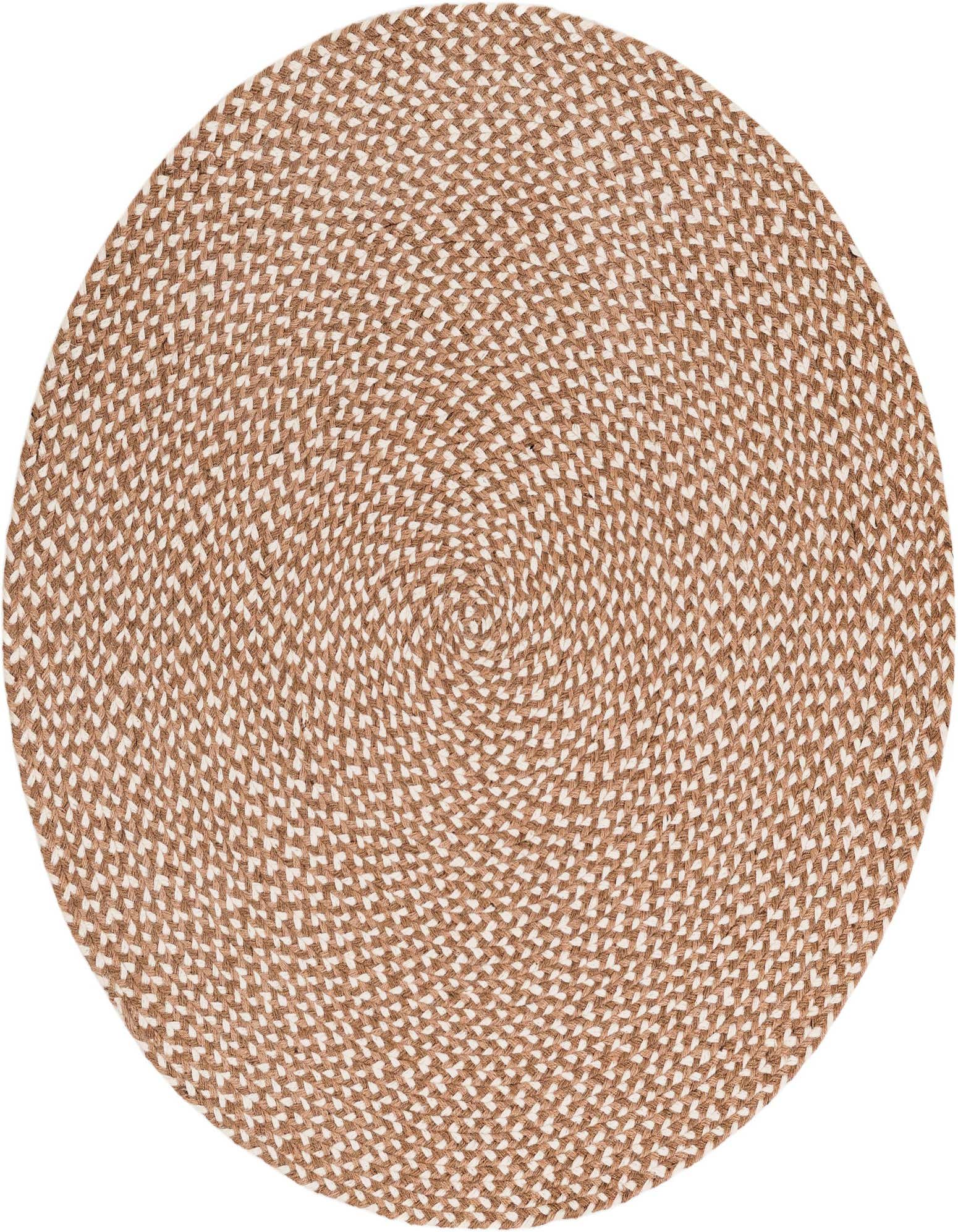 A 3' 1 x 3' 1 round braided jute rug in varying shades of brown and tan, featuring a modern, spiral design.