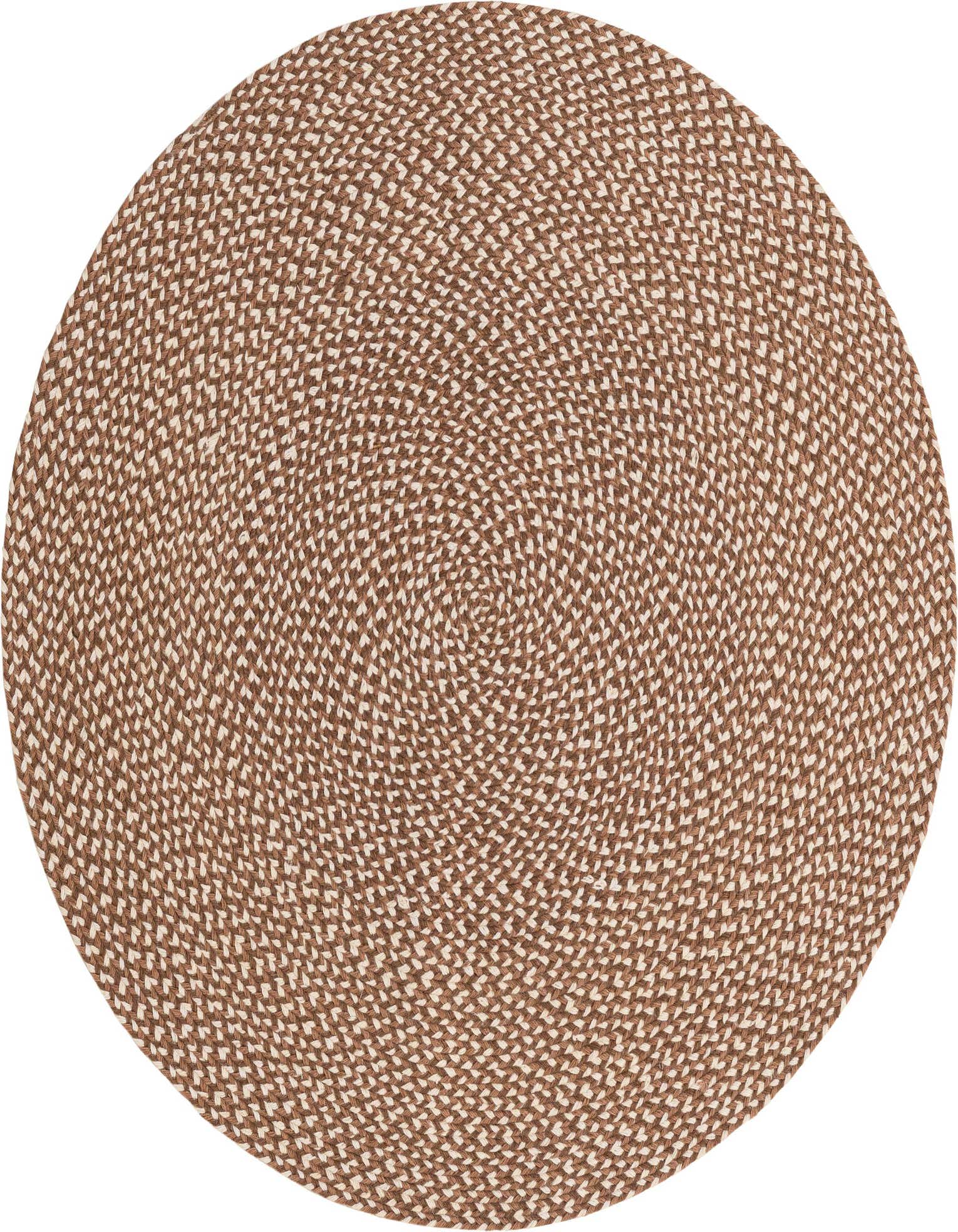 A 4' 1 x 4' 1 round Rugs.com Tweed Braided Jute rug in varying shades of brown and tan, featuring a tightly woven, modern braided pattern.