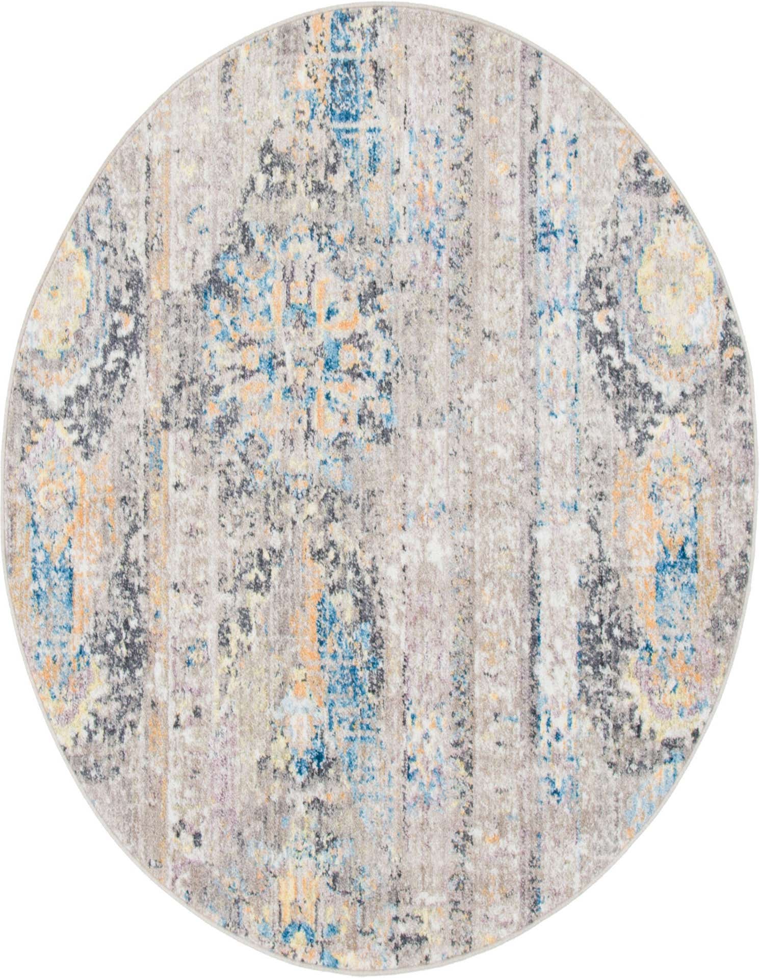 A 5' round Rugs.com Vega rug featuring a distressed vintage pattern in browns, tans, blues, and oranges.