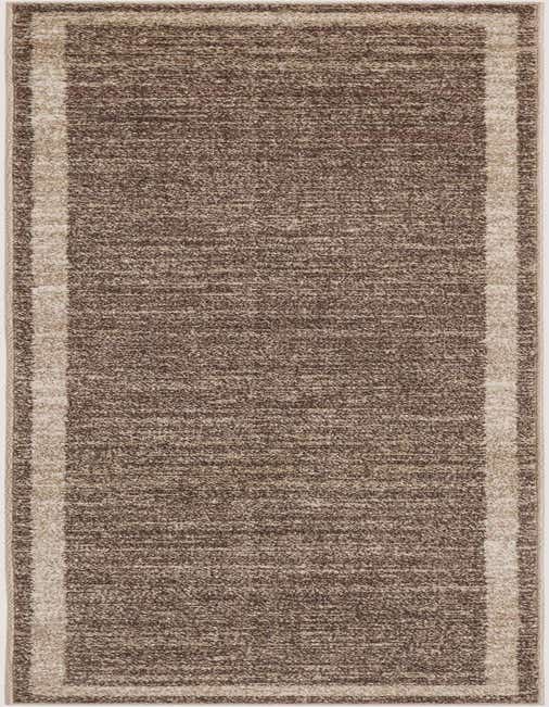 A brown and tan 8 ft runner rug with a subtle border pattern, ideal for a hallway or kitchen.