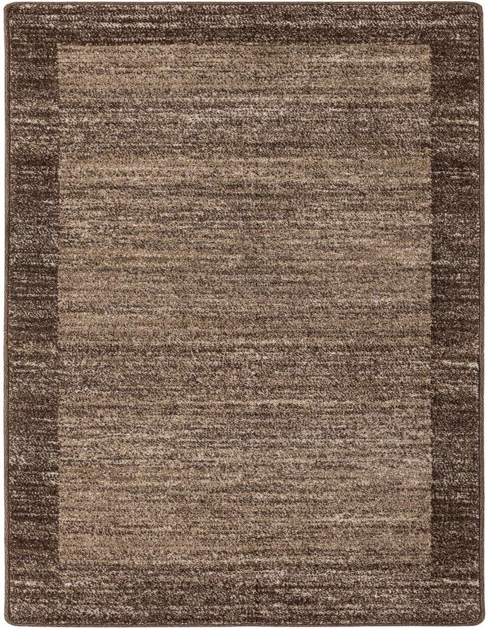 A 6 ft runner rug in shades of brown and tan with a modern abstract pattern and a darker border.