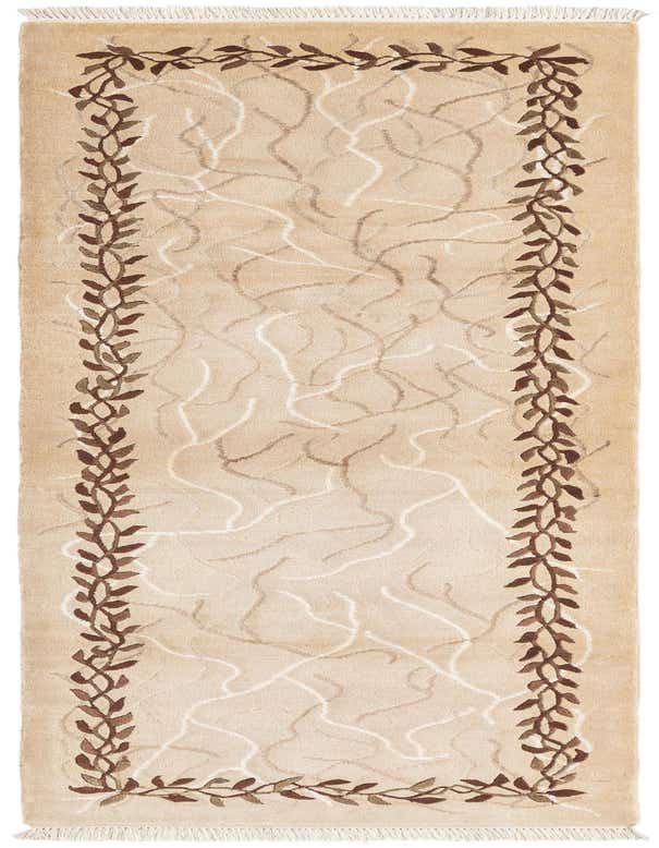 A 10 ft Darya runner rug in browns and tans with a modern oriental leaf border pattern.