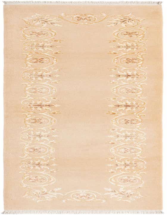 A 10 ft runner rug in shades of brown and tan, featuring an elegant modern oriental pattern with floral and scroll motifs along its borders.