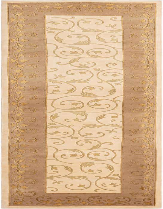 A 10 ft Darya runner rug in browns and tans, featuring a modern Persian design with intricate floral and scroll patterns, ideal for a hallway.